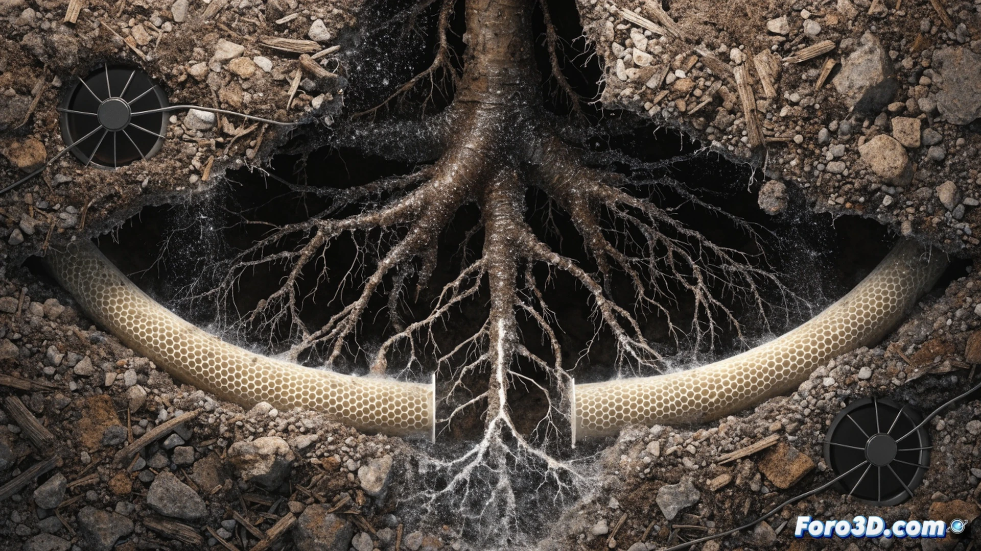 Underground porous pipe network cross-section, soil moisture sensor detecting dry ground, water droplets wicking upward through capillary action into plant root zone, roots visibly absorbing moisture without pooling water, engineering visualization style, cutaway view showing layered soil and gravel, blue moisture gradient spreading from pipe to roots, precise technical illustration, photorealistic materials, soft natural lighting from above, no standing water visible, clear action of water moving upward through soil particles