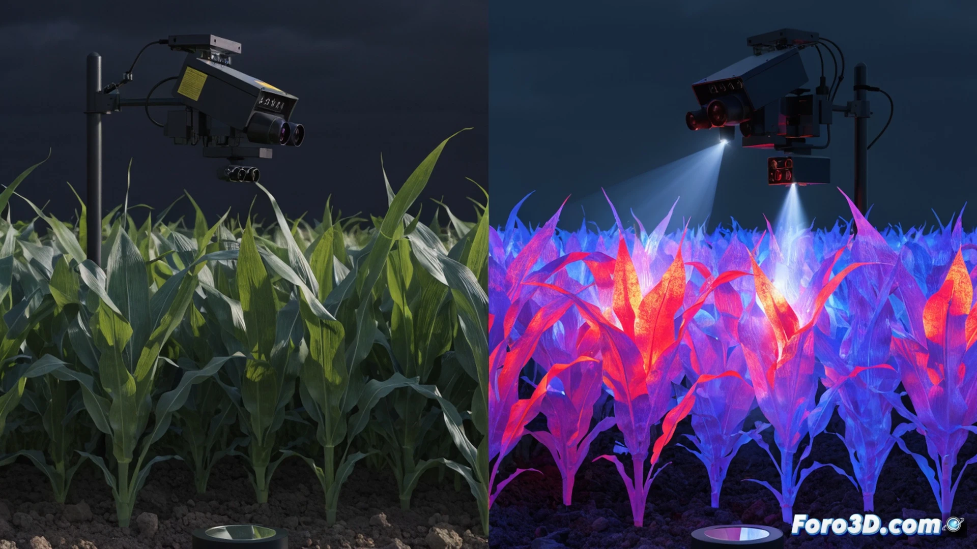 Campo agrícola al atardecer, cámara fija sobre trípode metálico enfocando hileras de maíz, haz infrarrojo invisible barriendo las hojas, espectro de luz reflejado descompuesto en gráfico de líneas en pantalla de tablet junto al sensor, zona de cultivo más opaca marcada en rojo mientras sistema de riego localizado activa aspersores solo en esa sección, gotas de agua iluminadas por luz dorada, fondo de cielo naranja con nubes finas, estilo photorealistic technical illustration, detalle de lente y circuitería expuesta, contraste entre verde vibrante y rojo espectral, nitidez hiperrealista, iluminación dramática natural