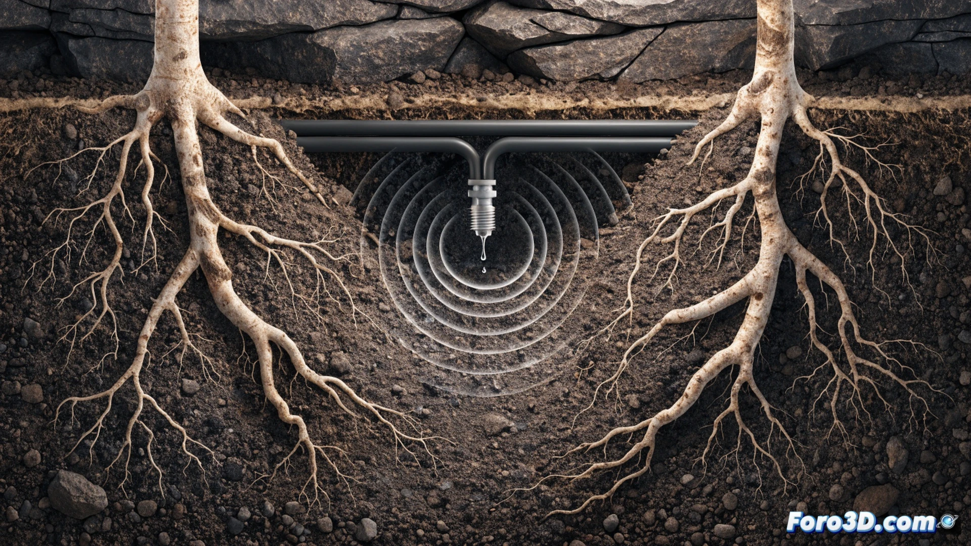 Underground drip irrigation system cross-section, tree roots approaching a buried dripper emitter, ultrasonic barrier waves radiating outward as translucent concentric rings repelling root tips from the water outlet, soil layers visible with moisture gradient, emitter hardware cutaway showing micro-acoustic transducer and low-frequency pulse generator, photorealistic technical illustration, cinematic subsurface lighting, warm brown earth tones contrasting with cool blue water droplets and green root tendrils, hyper-detailed soil texture, roots curving away from the acoustic field during active repulsion process, engineering visualization style