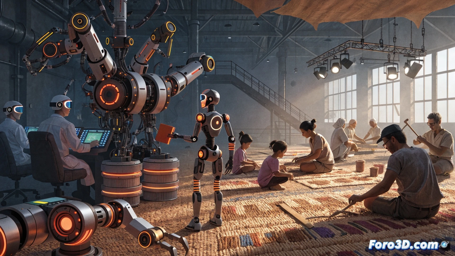 Close-up scene of a person programming a small wheeled robot on a wooden worktable, while beside them another person weaves a tikar mat using natural palm strips, robotic arm holding a woven tikar piece mid-air during assembly, Arduino board and wires visible, soldering iron and craft knife on the table, warm ambient light from workshop lamps, soft shadows, photorealistic technical illustration, hands actively demonstrating both electronic and traditional craft processes, detailed textures of palm fibers and circuit components, educational workshop atmosphere