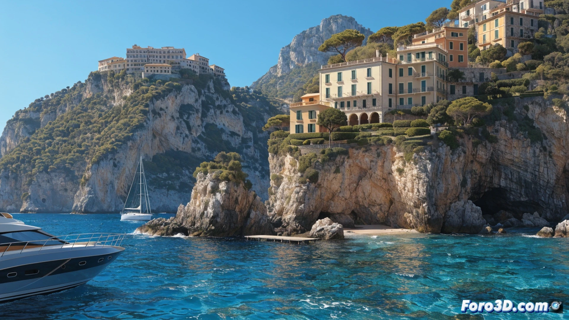 Cinematic aerial view of a luxury yacht approaching a pastel-colored cliffside village along the Italian Riviera, tourists on a crowded sunlit terrace using smartphones and tablets to book travel, a glowing digital map interface hovering above a tablet showing search trend spikes and premium accommodation icons, crystal-clear turquoise water with Blue Flag markers, photorealistic architectural detail of Portofino-style buildings, dramatic golden hour lighting, ultra-detailed coastal scenery, high-end resort umbrellas and sunbeds visible on a small beach, elegant yachts moored in the harbor, technical travel data visualization overlaying the scene.