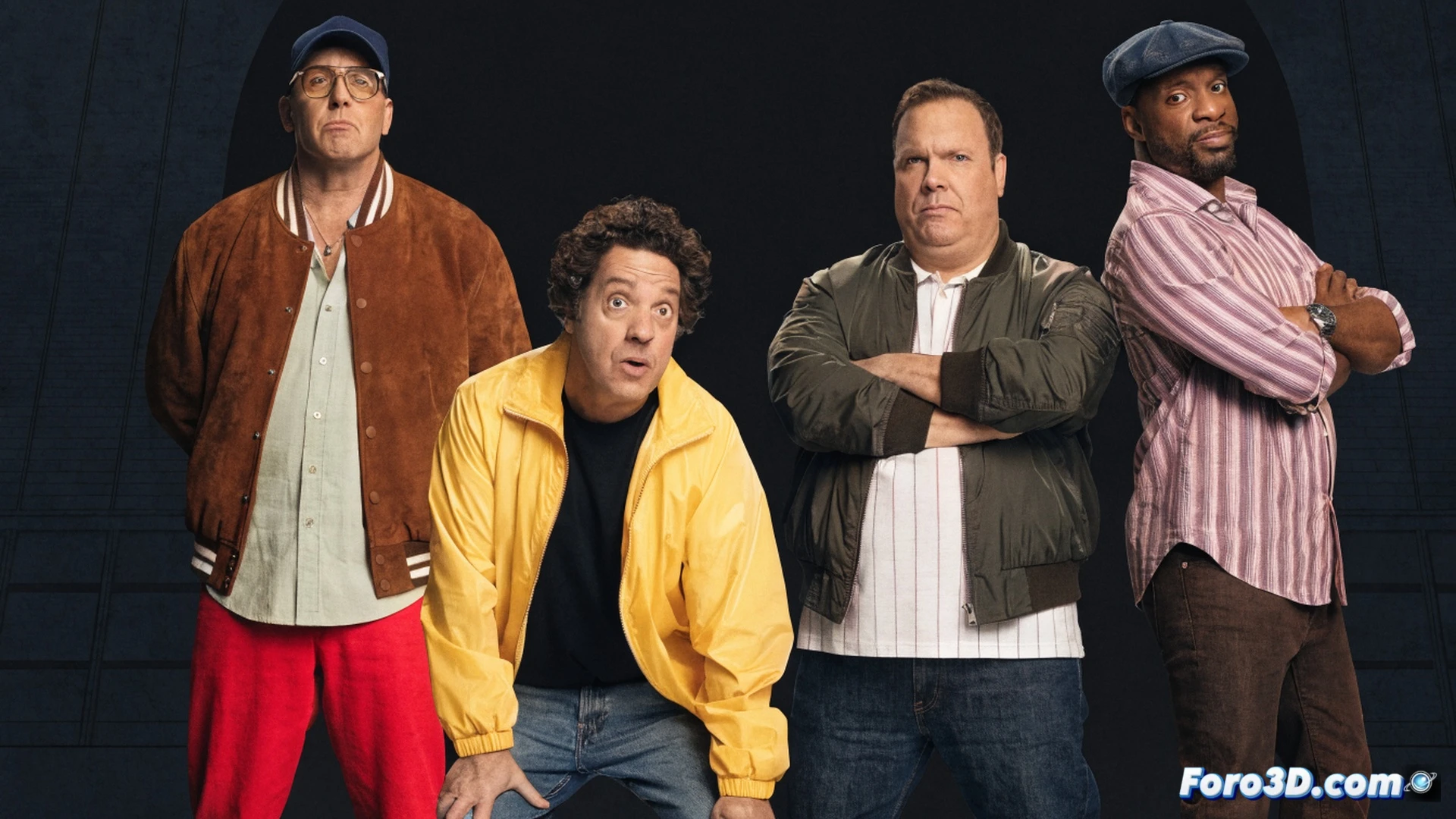 four middle-aged men in casual clothes standing on a suburban lawn, one holding a Netflix-branded tablet while another gestures at a glowing holographic movie projector showing a beach scene, a third man holding a barbecue spatula and pointing at the screen, the fourth laughing while holding a cooler, backyard grill with smoke rising, picnic table with soda cans, cinematic photorealistic style, warm golden hour lighting, shallow depth of field, summer comedy atmosphere, ultra-detailed textures on skin and fabric, dynamic group interaction, dramatic shadows from low sun