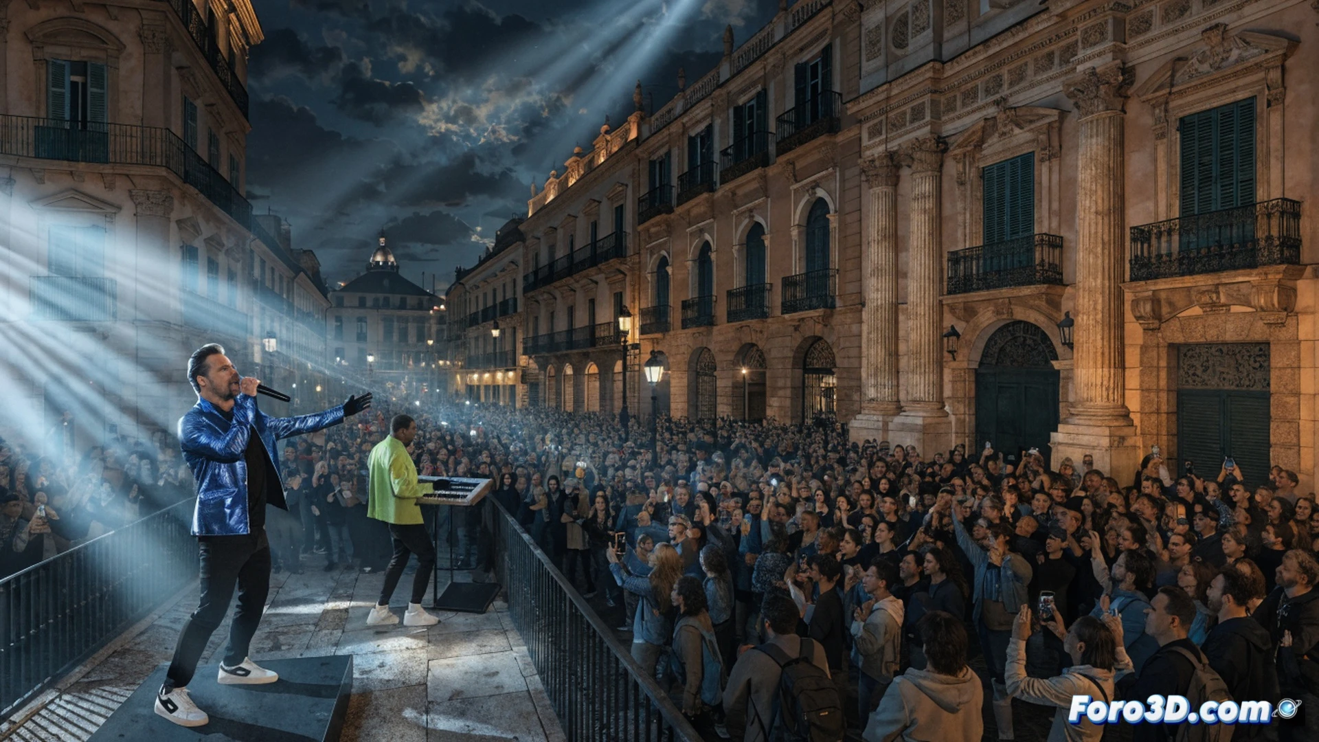 Robbie Williams performing an unplanned acoustic set on a cobblestone street in Seville, surrounded by hundreds of cheering fans holding smartphones, nearby tapas bars and shops filled with people, waiters serving drinks outdoors, a digital tablet showing a live social media feed with engagement spikes, cinematic photorealistic style, golden hour sunlight casting long shadows, warm terracotta building facades, bokeh lights from street lamps, movement blur from dancing crowd, high-end commercial photography aesthetic, vibrant festive atmosphere