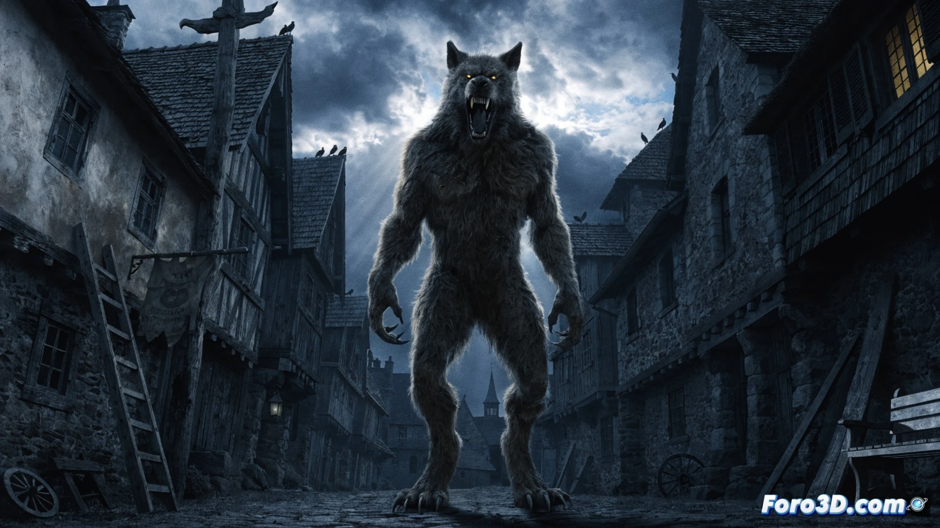 Medieval English village at dusk, a towering wolf-like creature with elongated claws and matted fur emerges from misty forest edge, villagers frozen in terror holding pitchforks and torches, a stone church with broken stained glass window in background, ancient oak tree with twisted roots, bloodstained snow on cobblestone path, cinematic horror visualization, photorealistic medieval atmosphere, dramatic low-angle shot, heavy fog rolling across muddy ground, flickering firelight casting long shadows, ultra-detailed fur texture and wooden tools, dark amber and slate color palette, motion blur on creature's lunge, technical illustration style with historical architectural accuracy