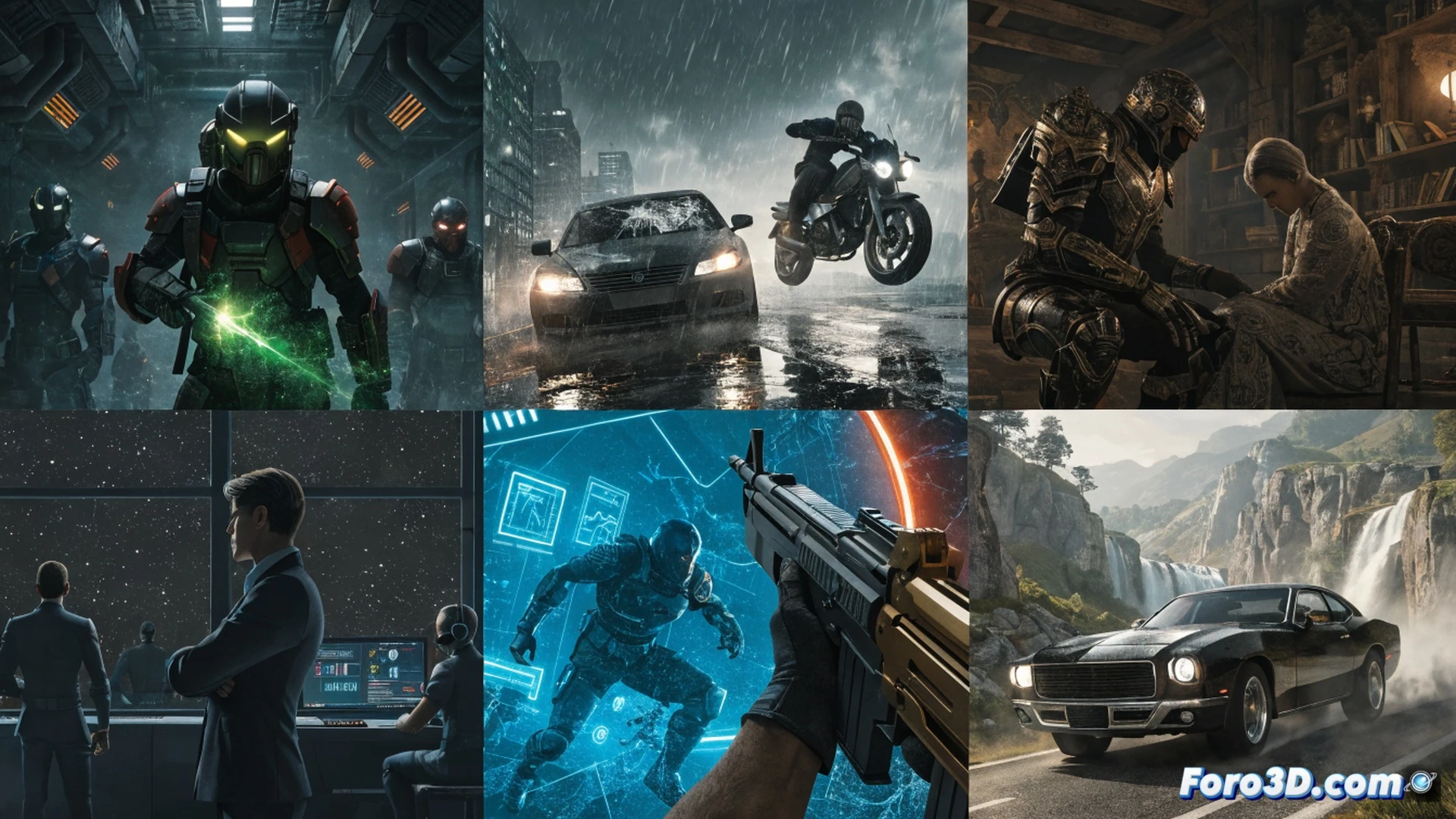 adult player holding a modern game controller while seated at a dark gaming desk, dual monitors displaying a gritty Roblox shooter with realistic gunfire effects and a futuristic car chase in an urban RPG scene, game engine interface visible on screen showing weapon customization and driving mechanics, glowing keyboard and mouse with RGB lighting, cinematic photorealistic visualization, dramatic contrast between childish blocky avatars and mature military combat, motion blur from fast-paced action, neon city reflections on monitor screens, ultra-detailed hardware components, moody blue and red ambient lighting