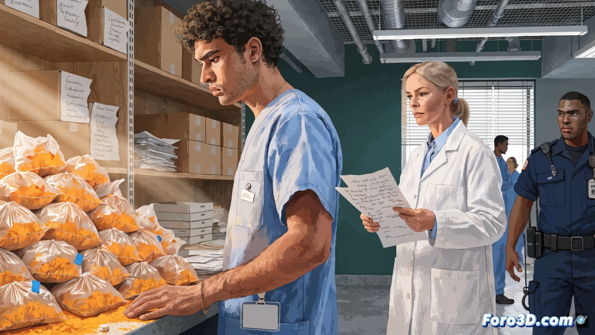 hospital pharmacy storage room, security camera angled view, an empty fentanyl vial on a counter next to an unlocked cabinet, a nurse in scrubs reaching for a clipboard while another person in plain clothes slips a vial into a pocket behind a stack of supply boxes, visible gaps in the ceiling tile showing exposed wiring, a blinking red CCTV light on a disconnected monitor, dust on the keycard reader, cold fluorescent lighting casting harsh shadows, cinematic photorealistic technical illustration, clinical sterile atmosphere, muted gray and blue tones, high detail on pharmaceutical labels and security hardware, forensic documentary style