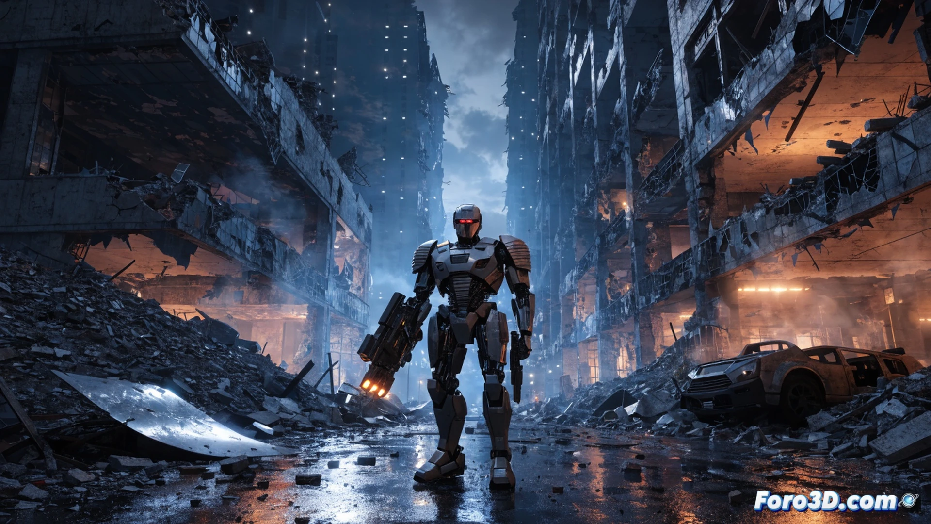 RoboCop walking through a flooded Detroit street at night, rain hitting his metallic armor, broken neon signs flickering overhead, destroyed cars and rubble scattered around, Lumen global illumination casting realistic reflections on wet asphalt and metal surfaces, Unreal Engine 5 photorealistic cinematic visualization, dramatic industrial lighting with deep shadows and glowing highlights, partially destructible building facade showing exposed steel beams and shattered glass, smoke rising from a distant explosion, ultra-detailed cybernetic suit textures with visible scratches and wear, volumetric fog and dynamic particle effects from rain and debris, first-person action perspective showing RoboCop aiming his Auto-9 pistol while scanning the environment, dark blue and orange color contrast, technical demonstration of real-time ray tracing and Nanite geometry.