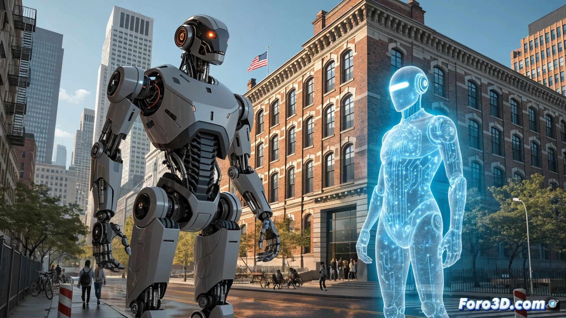 Robot humanoide M-Series de torso blanco y brazos articulados señalando una pantalla táctil interactiva donde se muestra una interfaz de programación de IA, junto a un tutor digital Optio flotando como holograma azul sobre un escritorio, estudiantes adolescentes observando y tomando notas en tabletas, luces fluorescentes de aula moderna, cables visibles conectados a sensores en el suelo, estilo photorealistic cinematográfico, ángulo bajo mostrando la interacción docente-alumno durante la demostración técnica, reflejos metálicos en las articulaciones del robot, profundidad de campo suave