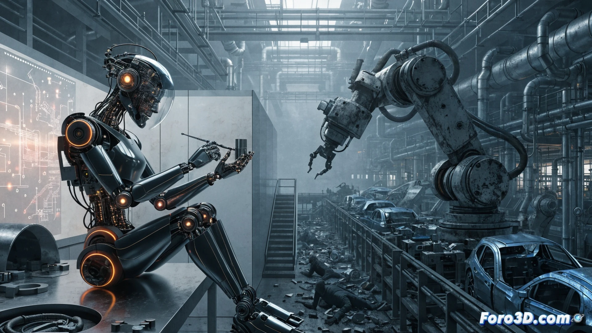 Robotic arm installing a car door on a BMW assembly line, human worker watching from a distance while holding a termination notice, conveyor belt moving empty chassis past the robot, factory floor with fewer workers and more automated stations, cold blue industrial lighting casting long shadows, glossy metallic surfaces reflecting faint warning signs, cinematic photorealistic engineering visualization, high contrast between polished machinery and dim empty workstations, hyperdetailed mechanical joints and hydraulic cables