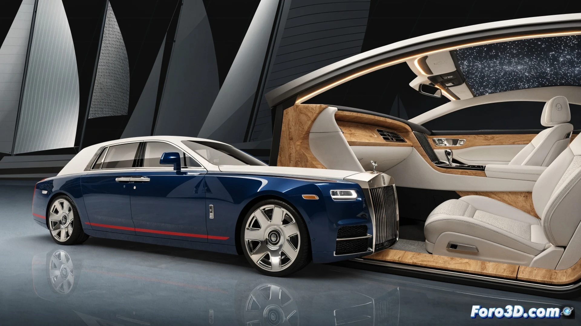 Rolls-Royce Phantom Regatta interior assembly process, artisan hands fitting blue leather panels onto door inserts while polished wood veneer reflects soft light, overhead Starlight headliner with fiber optic points glowing like constellations, nautical rope detailing on dashboard trim, measuring tape and precision tools on velvet workspace, cinematic engineering visualization, deep navy and white color contrast, photorealistic luxury craftsmanship, dramatic side lighting highlighting leather grain and wood texture, ultra-detailed mechanical components, technical illustration style