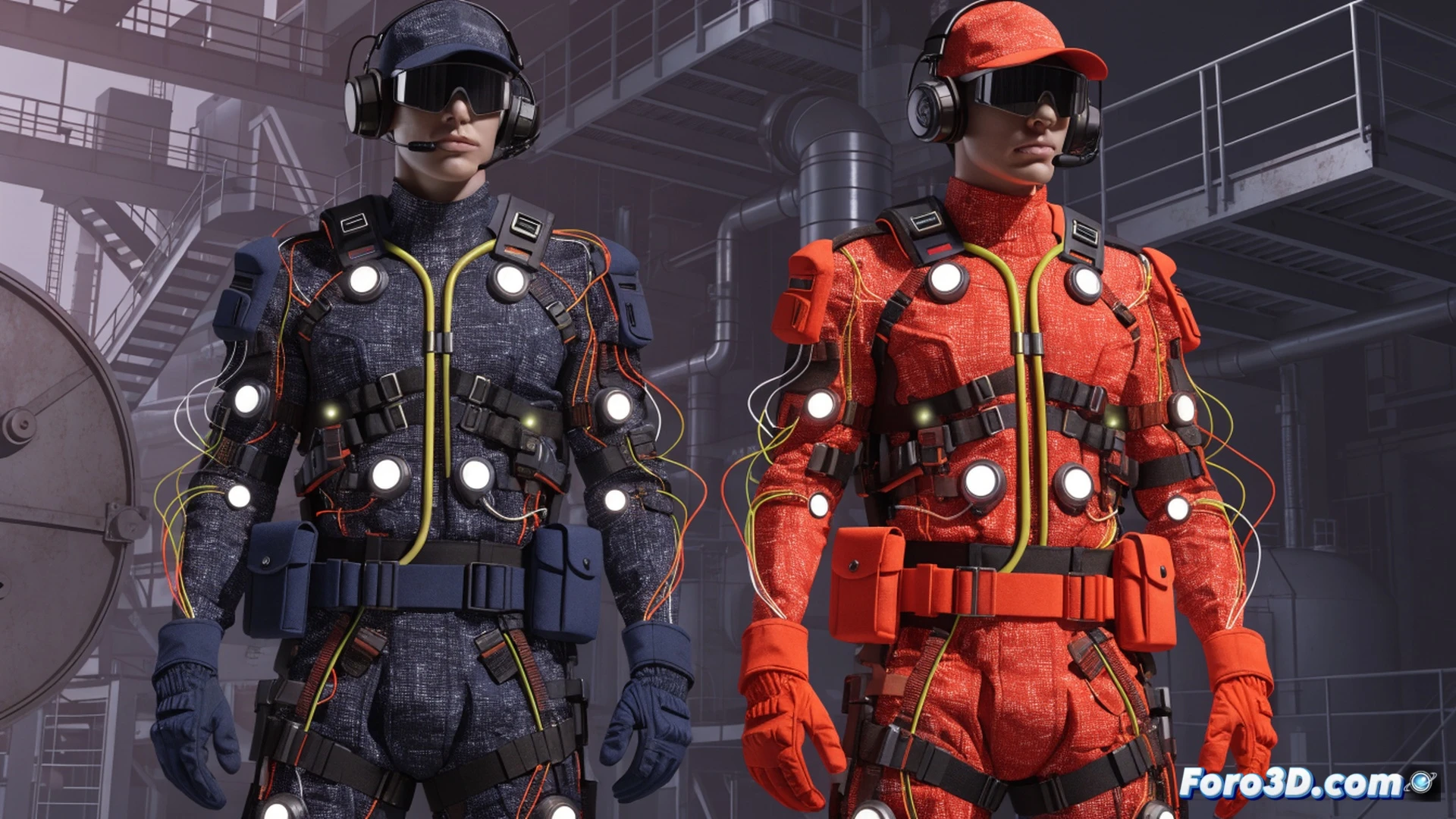 worker wearing smart safety vest with embedded textile sensors, orange high-visibility fabric, small electronic modules sewn into collar and armpit, skin temperature and sweat level data being transmitted wirelessly, glowing alert icon on a rugged handheld receiver nearby, industrial furnace glowing orange in background, sweat droplets on forehead, intense heat haze rising from metal floor, cinematic photorealistic technical illustration, dramatic side lighting, realistic fabric texture, sensor nodes with faint blue LED indicators, safety helmet and gloves, ultra-detailed industrial environment