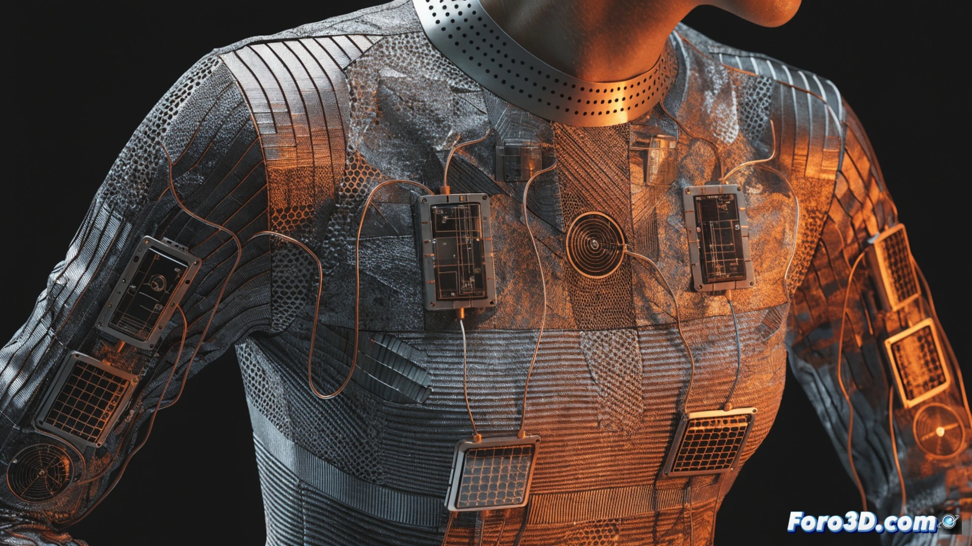 close-up of a human arm wearing a translucent synthetic silk fabric sleeve, small thermoelectric modules woven into the textile glowing with faint blue electrical arcs, a smartphone on a table beside the sleeve connected by a thin conductive thread showing a charging icon, ambient heat waves rising from the skin surface while cool air flows around the fabric, photorealistic engineering visualization, macro lens detail on fiber junctions, soft natural lighting with subtle blue energy highlights, ultra-detailed textile weave and microelectronic components, clean tech lab background with blurred measurement instruments
