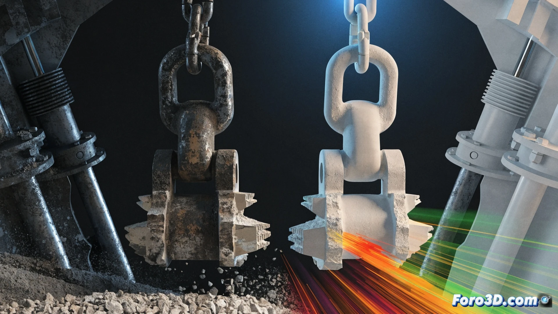 Excavadora de dragado con eslabón de cadena fracturado en primer plano, superficie metálica mostrando grietas por fatiga abrasiva y marcas de impacto, simulación 3D superpuesta con malla de elementos finitos y líneas de flujo hidrodinámico alrededor de la cuchara, durante operación de mantenimiento de canal, ingeniero analizando modelo digital en PolyWorks mientras ANSYS Fluent renderiza esfuerzos cíclicos en tiempo real, estilo cinematic technical illustration, iluminación industrial dramática, texturas de desgaste abrasivo, fondo con agua turbia y sedimentos, ultra-detallado photorealistic render