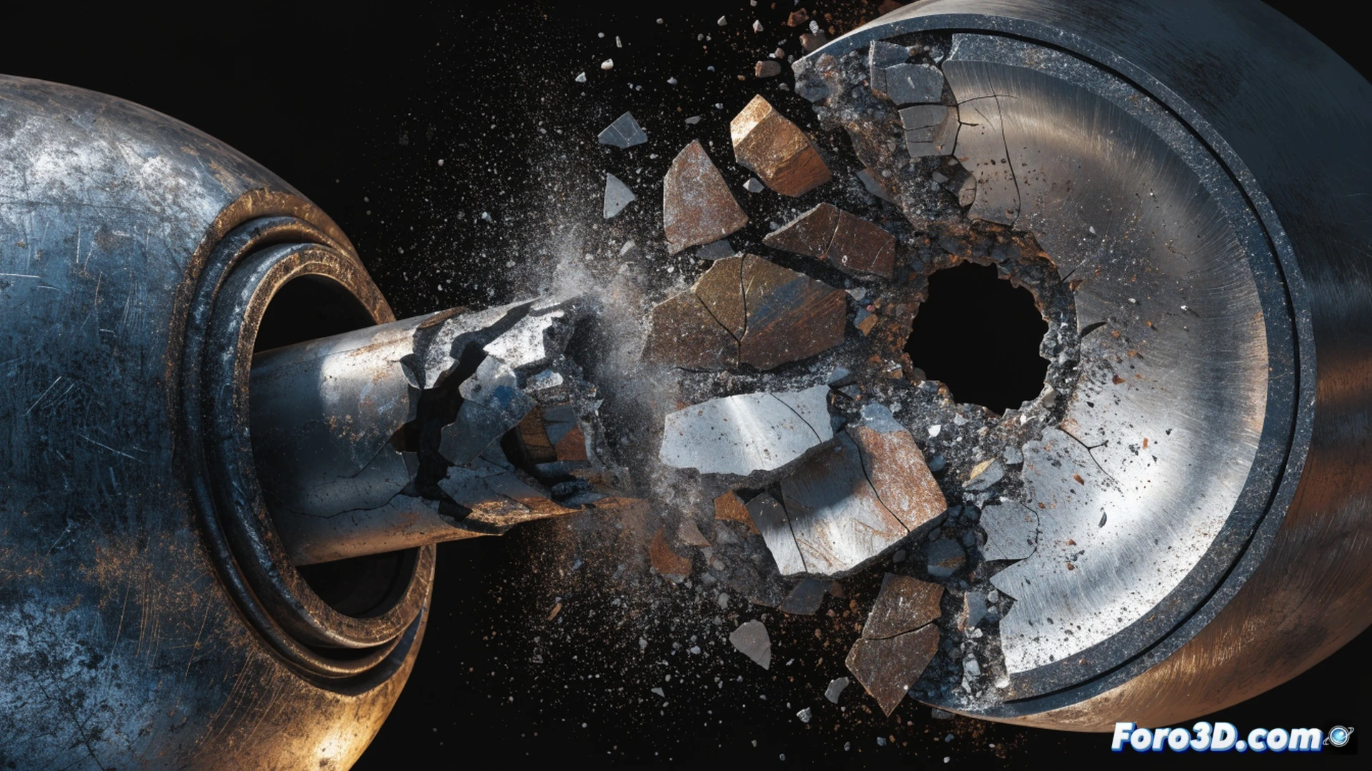 Heavy industrial loading arm for liquefied propane, emergency release coupler mid-failure, ball joint fractured from impact, mechanical shockwave visible as stress lines radiating through the metallic joint, broken seal pieces scattering, pipeline 3D analysis setup in background with Leica Cyclone scanner emitting blue laser grid while Abaqus simulation displays red-orange stress concentration on a digital twin, dramatic workshop lighting with sparks from initial collision, photorealistic engineering visualization, ultra-detailed metal surfaces with fatigue cracks, high-contrast industrial shadows
