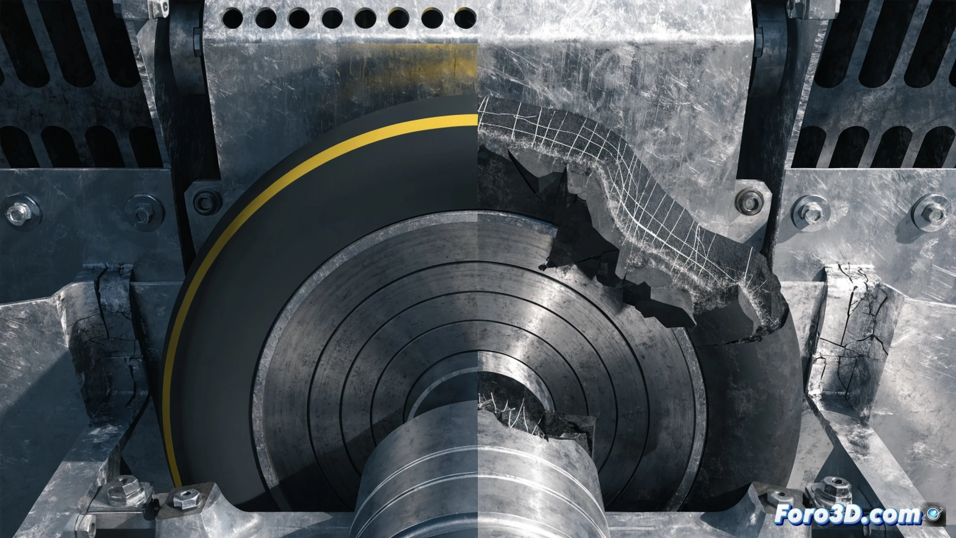 engineering visualization of a boat lift inclined plane system, a large steel roller wheel with a cracked rim breaking apart under cyclic contact stress, microscopic fatigue cracks propagating from the wheel surface into the material, visible crack network spreading across the metallic rim, heavy load chain and guide rails transmitting force to the damaged wheel, photorealistic technical illustration, metallic surfaces with polished wear zones and orange rust patches, dramatic side lighting highlighting fracture lines, industrial workshop background with measurement tools and inspection equipment nearby, ultra-detailed mechanical failure analysis scene