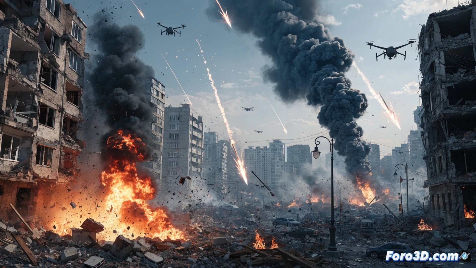 residential building in Kiev with a massive gaping hole from a missile impact, debris and dust clouds rising into the night sky, emergency responders in orange helmets and reflective vests climbing through twisted rebar and shattered concrete, broken glass fragments scattering across a dark street, a damaged drone wreckage smoking on the asphalt, red taillights of ambulances flashing through smoke, cinematic photorealistic war zone scene, dramatic high-contrast lighting, ultra-detailed structural damage, smoke plumes illuminated by emergency vehicle lights, rubble texture with exposed steel reinforcement bars