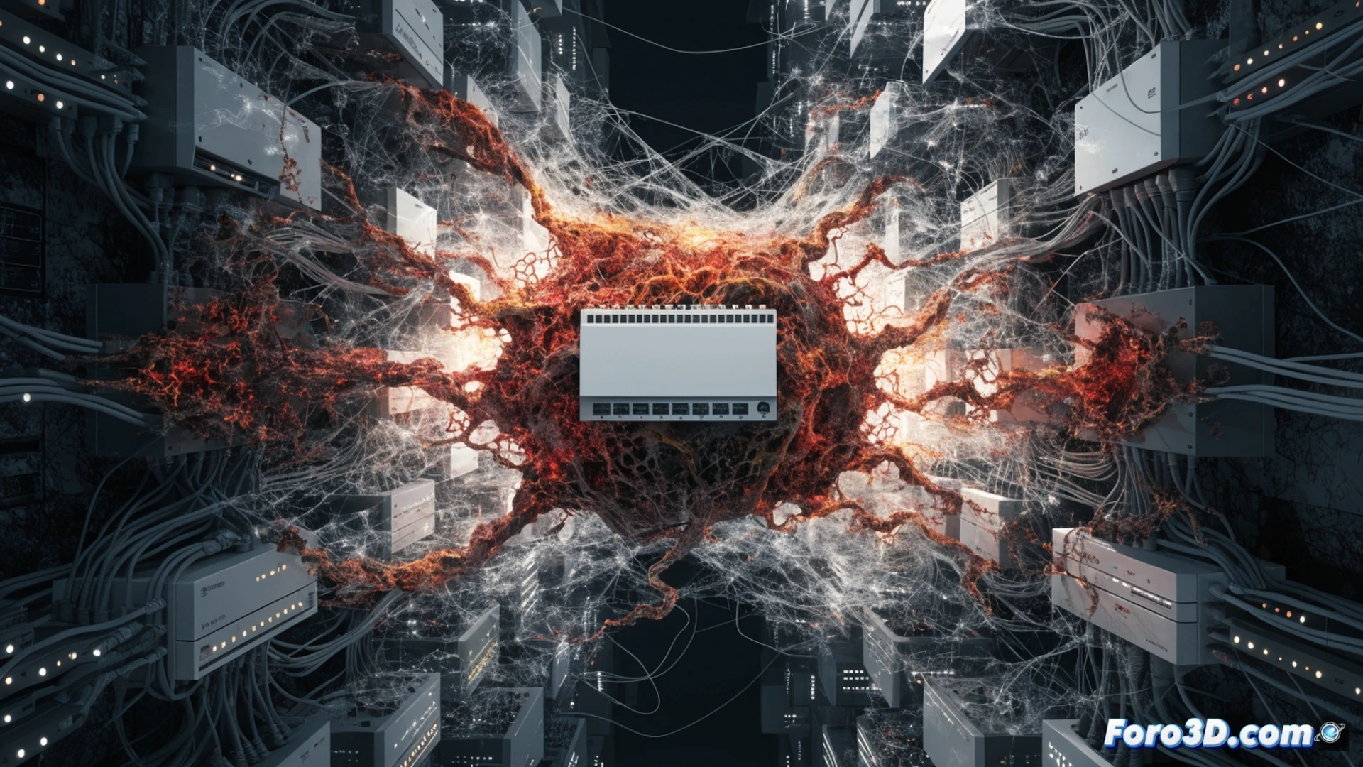 cinematic shot of a home router glowing with malicious red light inside its transparent casing, circuit traces morphing into digital tentacles reaching through fiber optic cables toward a glowing server rack in the background, network traffic visualized as pulsing red streams overwhelming blue data flows, router antennas crackling with electric arcs, motherboard components showing corrosion-like viral spread, photorealistic technical illustration, dramatic low-angle lighting, depth of field emphasizing the router in foreground while server farm blurs in distance, ultra-detailed port connectors and cooling vents, cyberpunk industrial aesthetic, glowing error indicators on nearby laptop screen showing connection failure