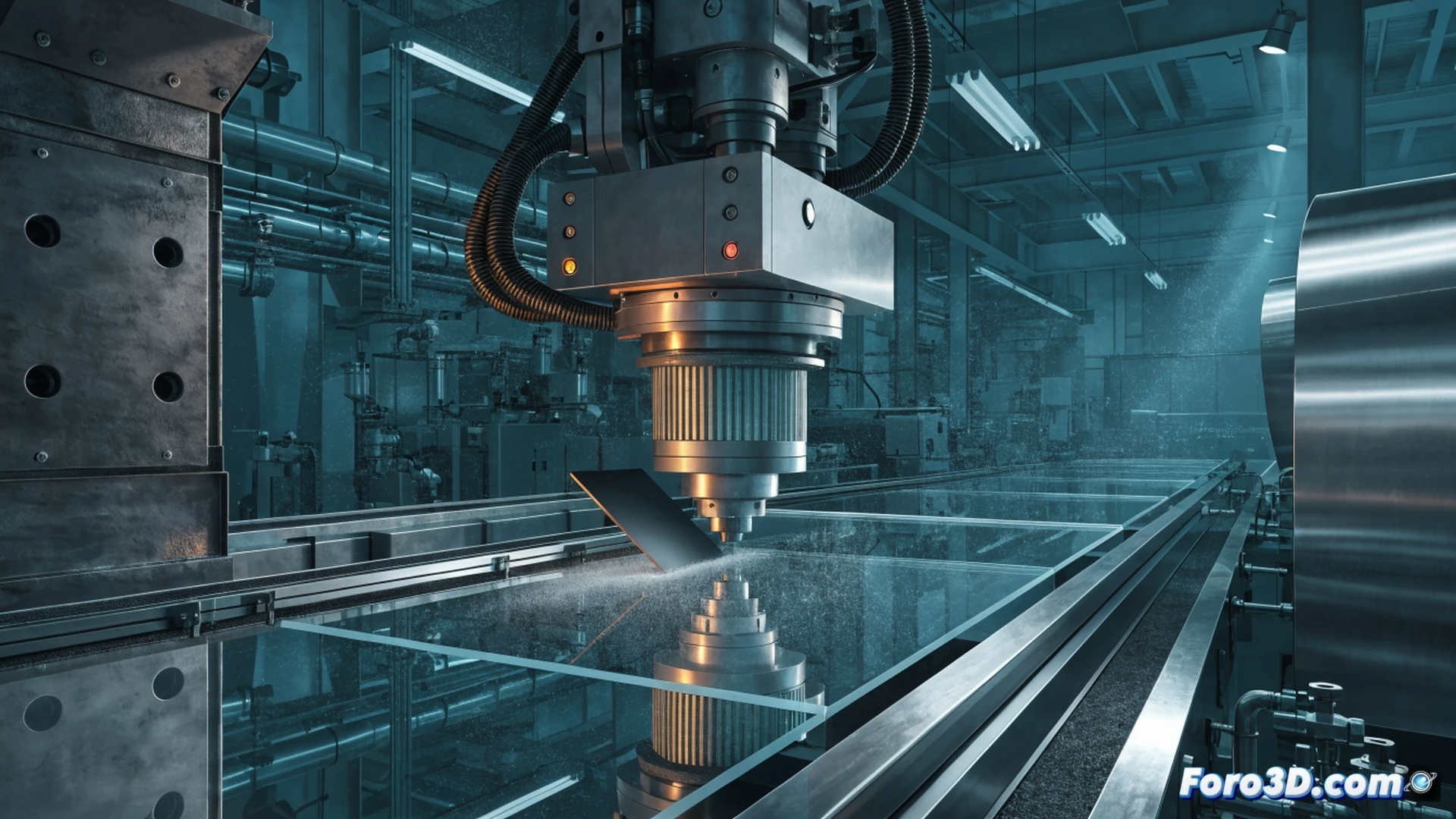 industrial robot waterjet cutting head internal mechanism, microscopic magnetic spacer being inserted into precision alignment slot by gloved hand, cutting head nozzle visibly tilted at imperceptible angle, 3D scanning process showing GOM Inspect interface with point cloud data overlaying the sabotaged component, Rhino 3D software model wireframe displayed on monitor in background, engineering visualization style, metallic surfaces with subtle reflection, cool blue and grey industrial lighting, photorealistic technical illustration, sharp focus on spacer and misalignment area, depth of field blurring rear elements