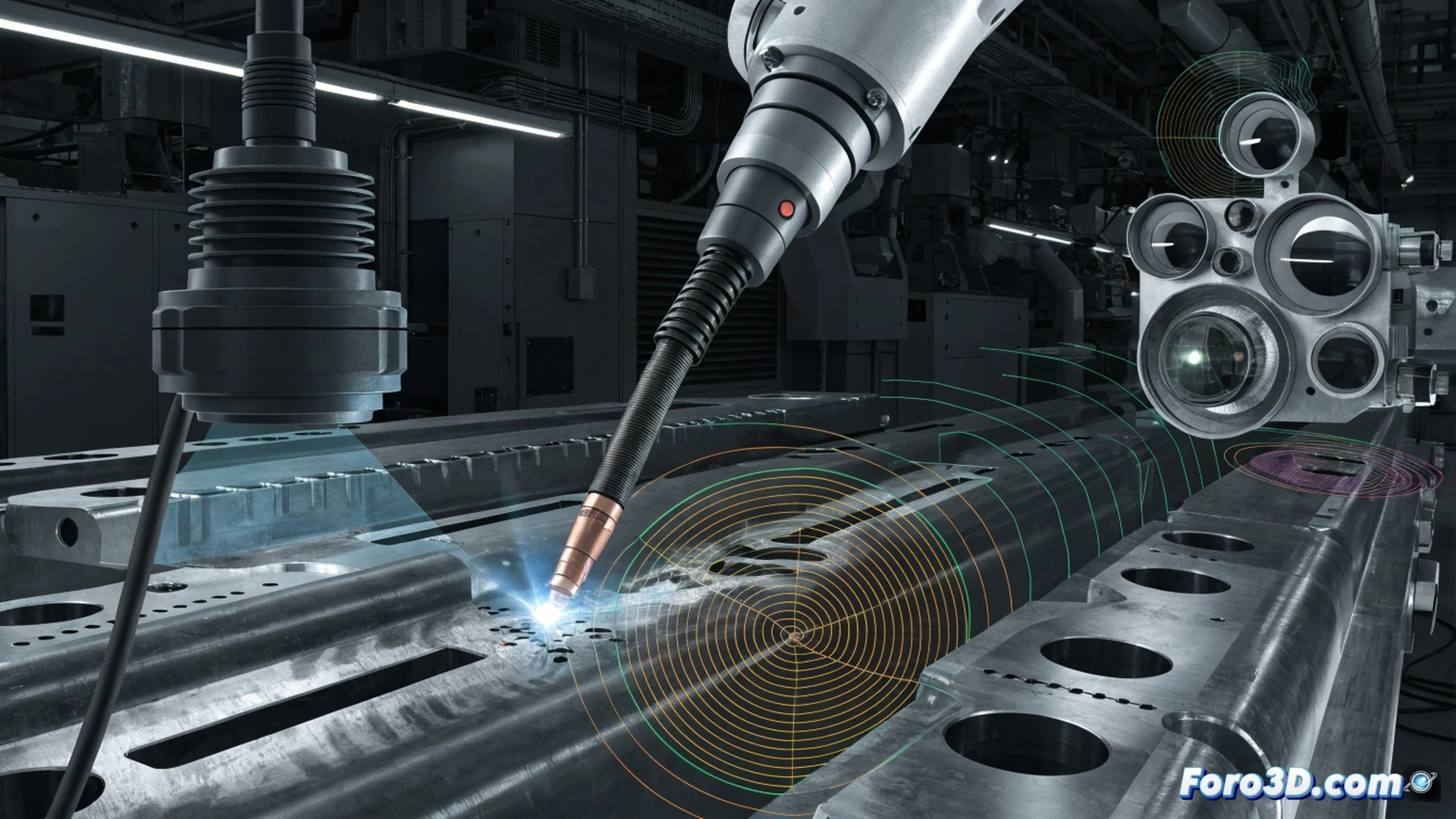 industrial robot arm with plasma cutting torch deviating from programmed path during sheet metal processing, red warning indicators on calibration software interface, GOM Inspect metrology screen showing out-of-tolerance parts highlighted in red, sabotaged calibration data cables with tampered connectors, sparks flying from misaligned cut on automotive chassis component, cinematic engineering visualization, dark factory floor lighting with focused beam on cutting zone, metallic debris scattered, warning lights flashing, photorealistic technical render, dramatic industrial atmosphere, ultra-detailed mechanical joints and servo motors