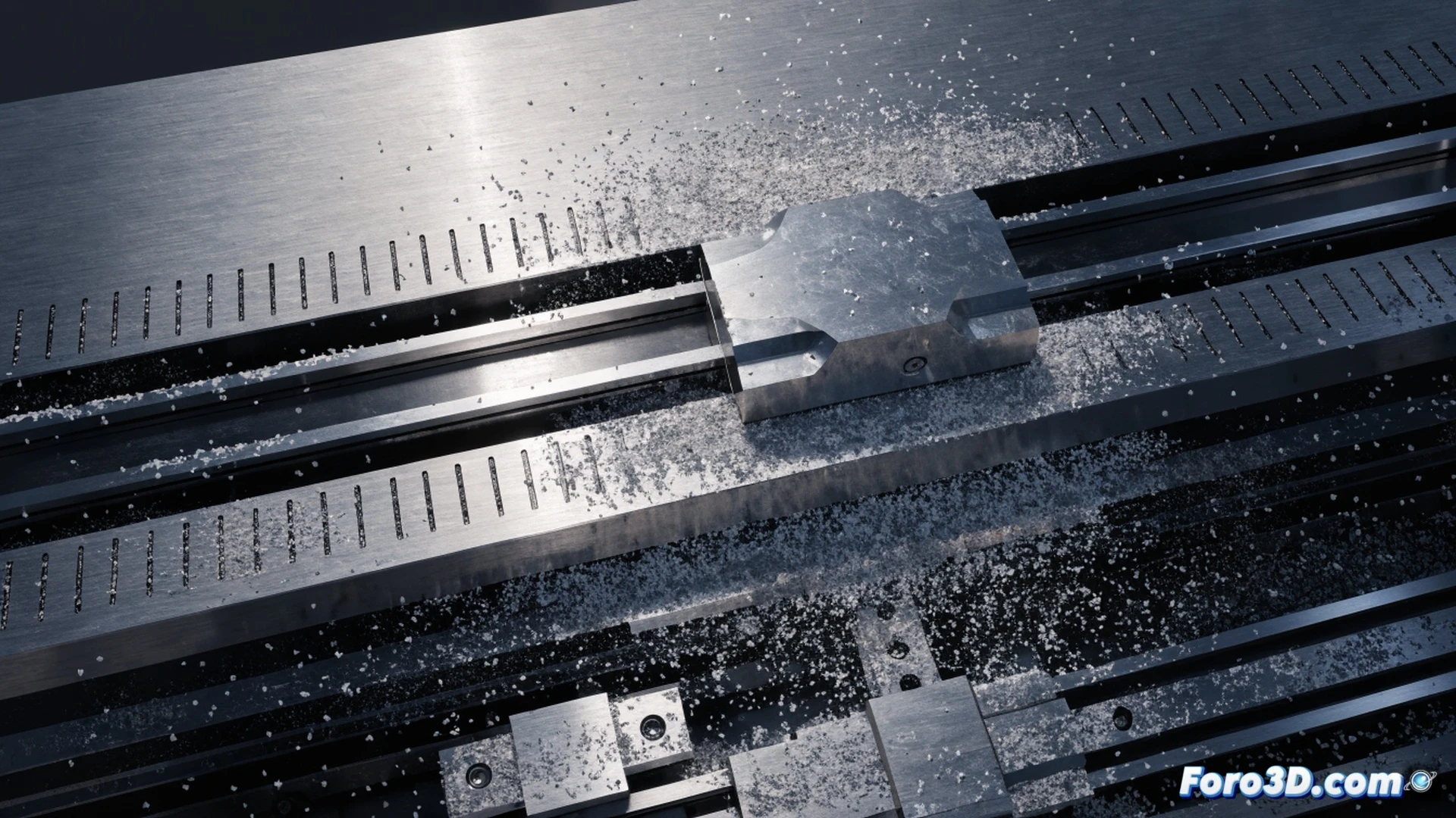 Precision coordinate table in machine shop, linear guide rails showing microscopic abrasive damage pattern, fine metallic dust particles embedded in bearing surfaces, micrometer-scale wear grooves visible under harsh inspection light, engineer examining rail with magnifying lens while holding contaminated wiper seal, nearby laptop displaying error graphs of positioning drift, photorealistic technical illustration, dramatic workshop lighting with sharp shadows, extreme close-up macro detail, metallic reflections, industrial atmosphere, cinematic engineering visualization