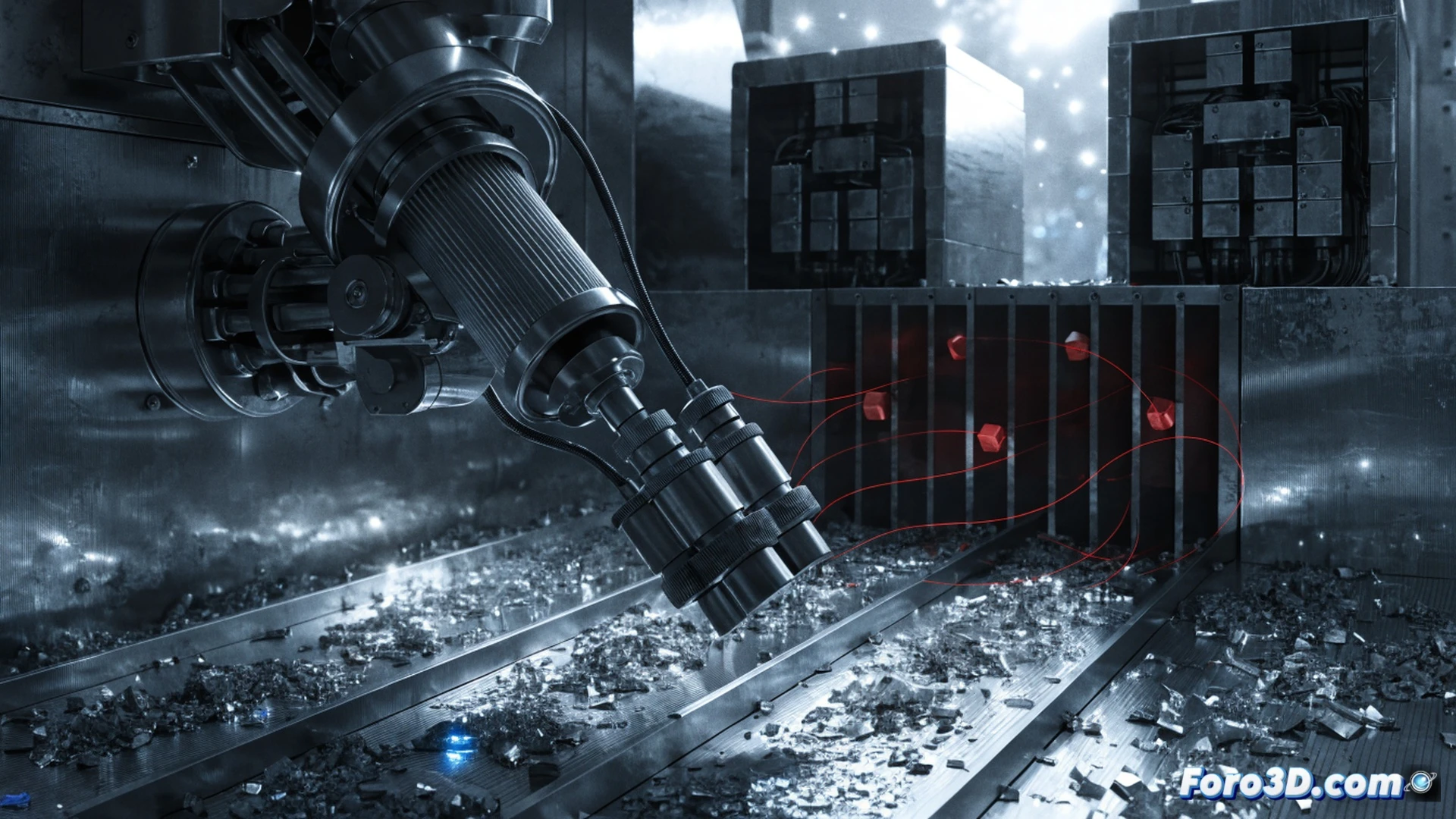 industrial sabotage scene in a recycling plant, robotic arm with induction sensor failing near a conveyor belt of mixed scrap metal, hidden neodymium magnets placed under the sensor mount emitting invisible alternating magnetic field lines shown as glowing red distortion waves, engineer holding a handheld gauss meter pointing at the sensor during diagnostic inspection, technical engineering visualization, photorealistic style, metallic textures on robot arm and machine parts, dramatic overhead workshop lighting with shadows, exposed wiring and control panel in background, ultra-detailed mechanical components, cinematic industrial atmosphere