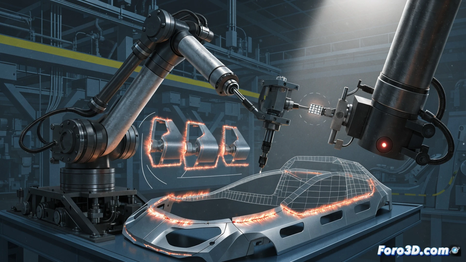 Industrial robot arm mid-weld with millimeter misalignment, glowing red sensor offset visibly shifted on inductive proximity detector, welding torch creating uneven bead on car chassis joint, GOM Inspect 3D scan mesh overlay showing deviation heatmap in blue and red, Blender wireframe reconstruction on monitor in background, forensic engineer pointing at discrepancy on digital caliper, dramatic workshop lighting with sparks and blue ambient glow, photorealistic technical illustration, cinematic depth of field