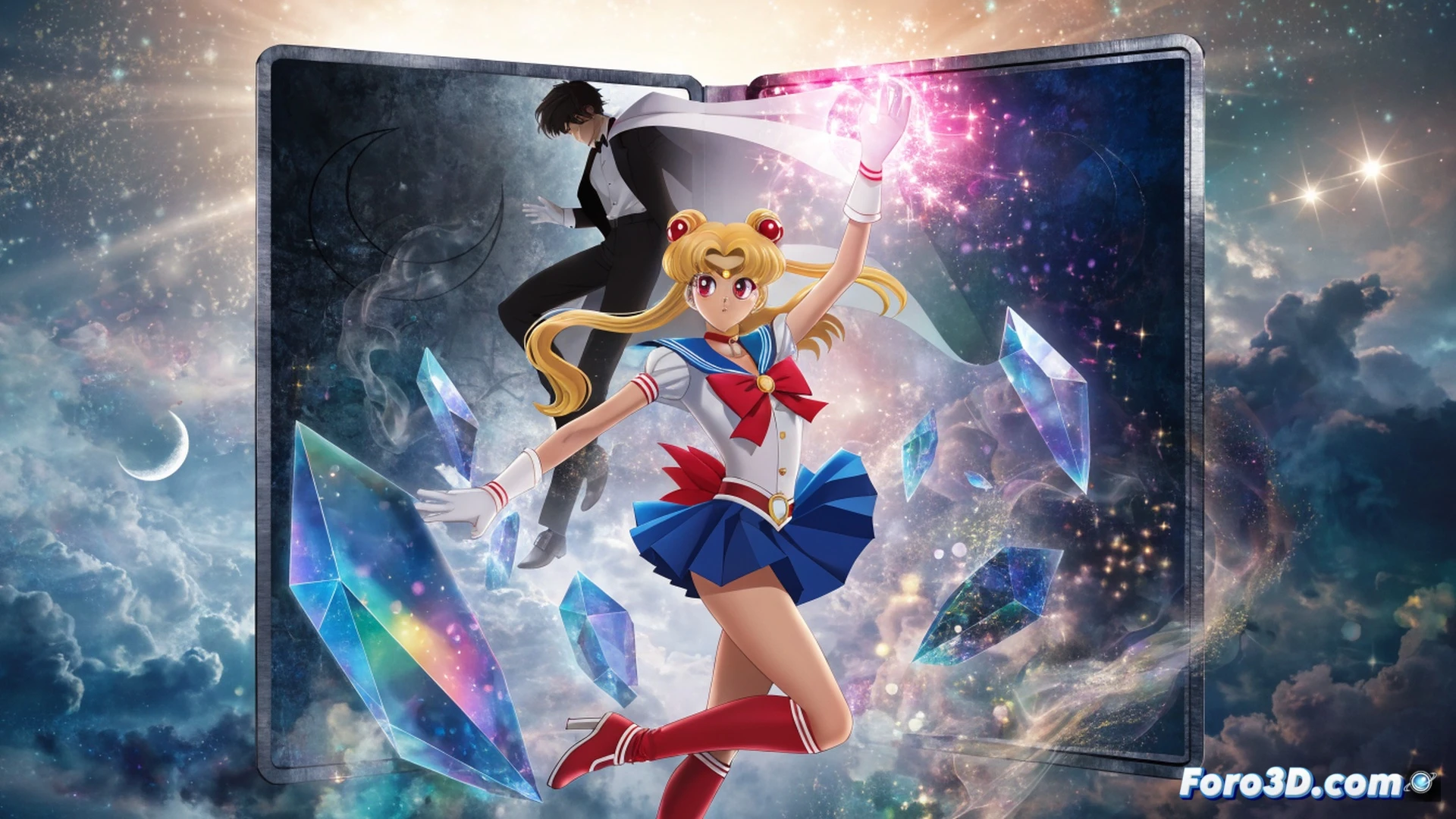 steelbook case opening mid-air, Sailor Moon character silhouette leaping from Blu-ray disc surface, glowing arc of light tracing from 2001 legal freeze to 2024 release, technical schematic of DVD-to-Blu-ray upscaling process visible as translucent layers, cinematic engineering visualization, disc read laser scanning data tracks, digital restoration tools floating in background, dramatic studio lighting with moonlit blue tones, photorealistic product render, metallic case reflecting rainbow diffraction, motion blur around spinning disc, precise mechanical details