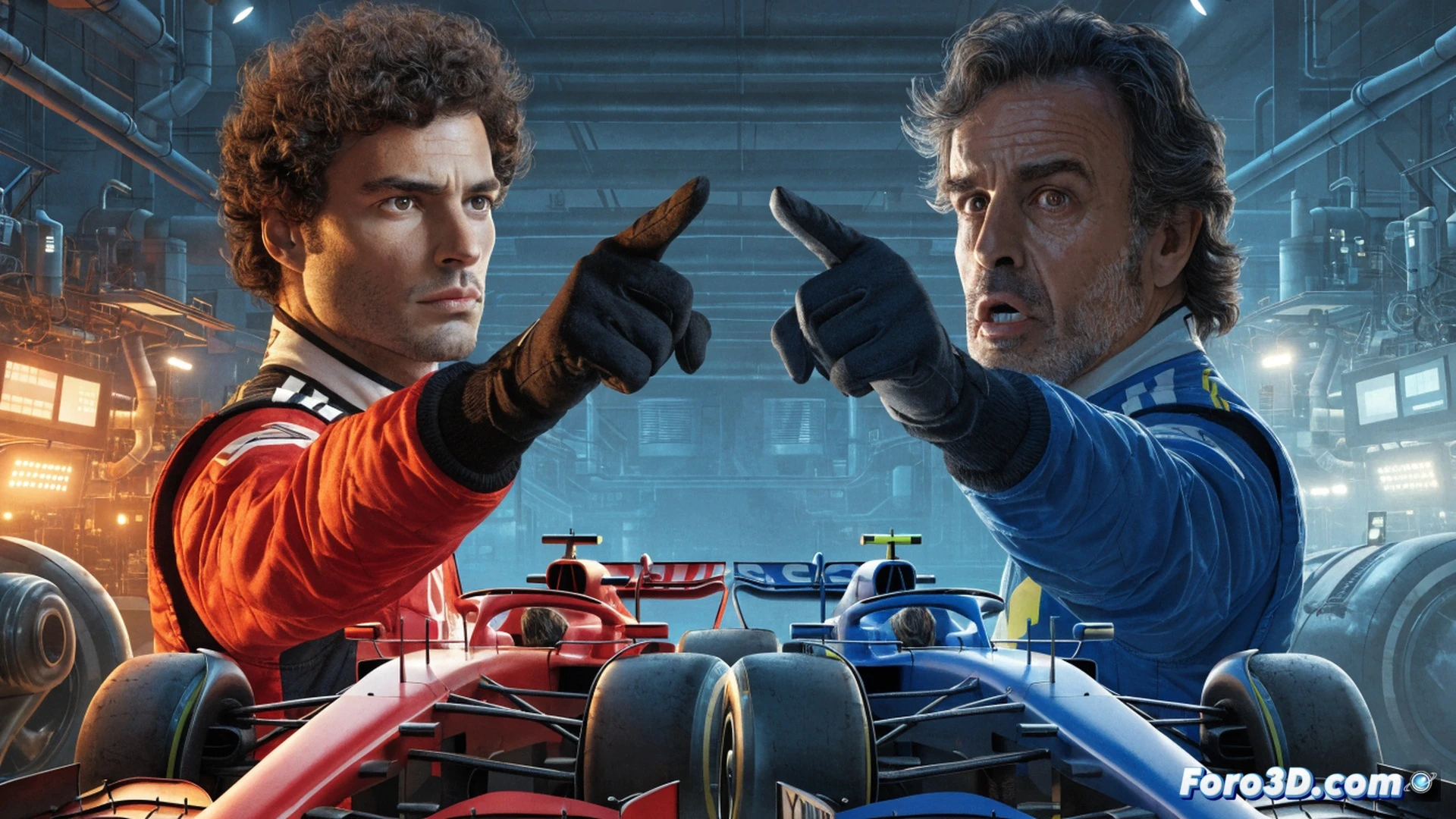 F1 pit lane at night, two Spanish drivers pointing at rival team garage, carbon fiber front wings being measured with laser scanners, open budget spreadsheet on tablet showing 215 million dollar cap, technical inspectors examining suspension components under bright LED lights, forensic accounting audit tools visible on monitor, cinematic photorealistic style, dramatic shadows, intense competitive atmosphere, metallic reflections on tools and car parts, tense body language, ultra-detailed mechanical engineering visualization