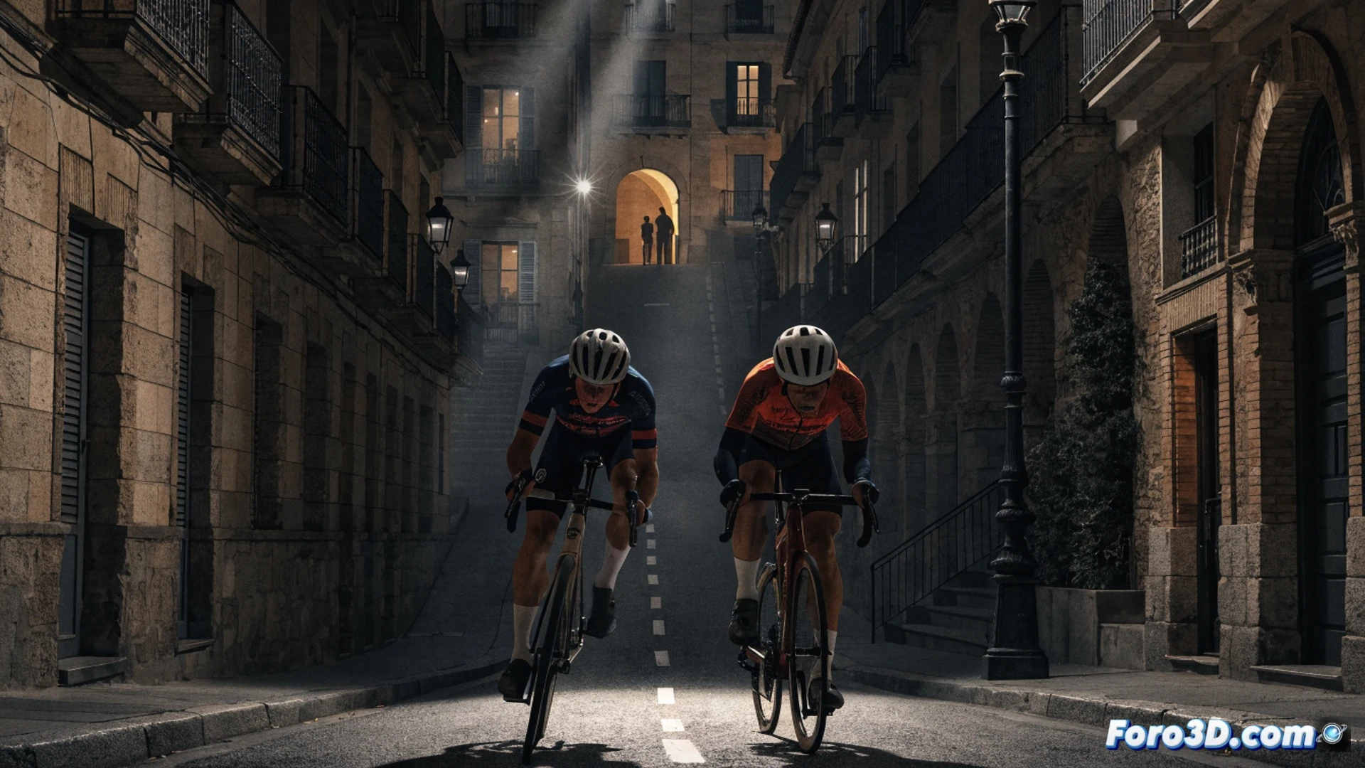 Two cyclists racing head-to-head up a steep 200-meter cobblestone ramp at night, vertical bike challenge, front wheels inches apart, intense leg muscles straining, bikes tilted upward, motion blur on spinning spokes, crowd silhouettes lining the narrow street, historic Spanish buildings illuminated by warm streetlights and bike headlights, dust particles catching light, dramatic shadows, competitive tension, cinematic photorealistic style, action frozen mid-pedal stroke, glowing finish line tape visible ahead, technical cycling gear details, carbon fiber frames gleaming, brake calipers reflecting ambient light