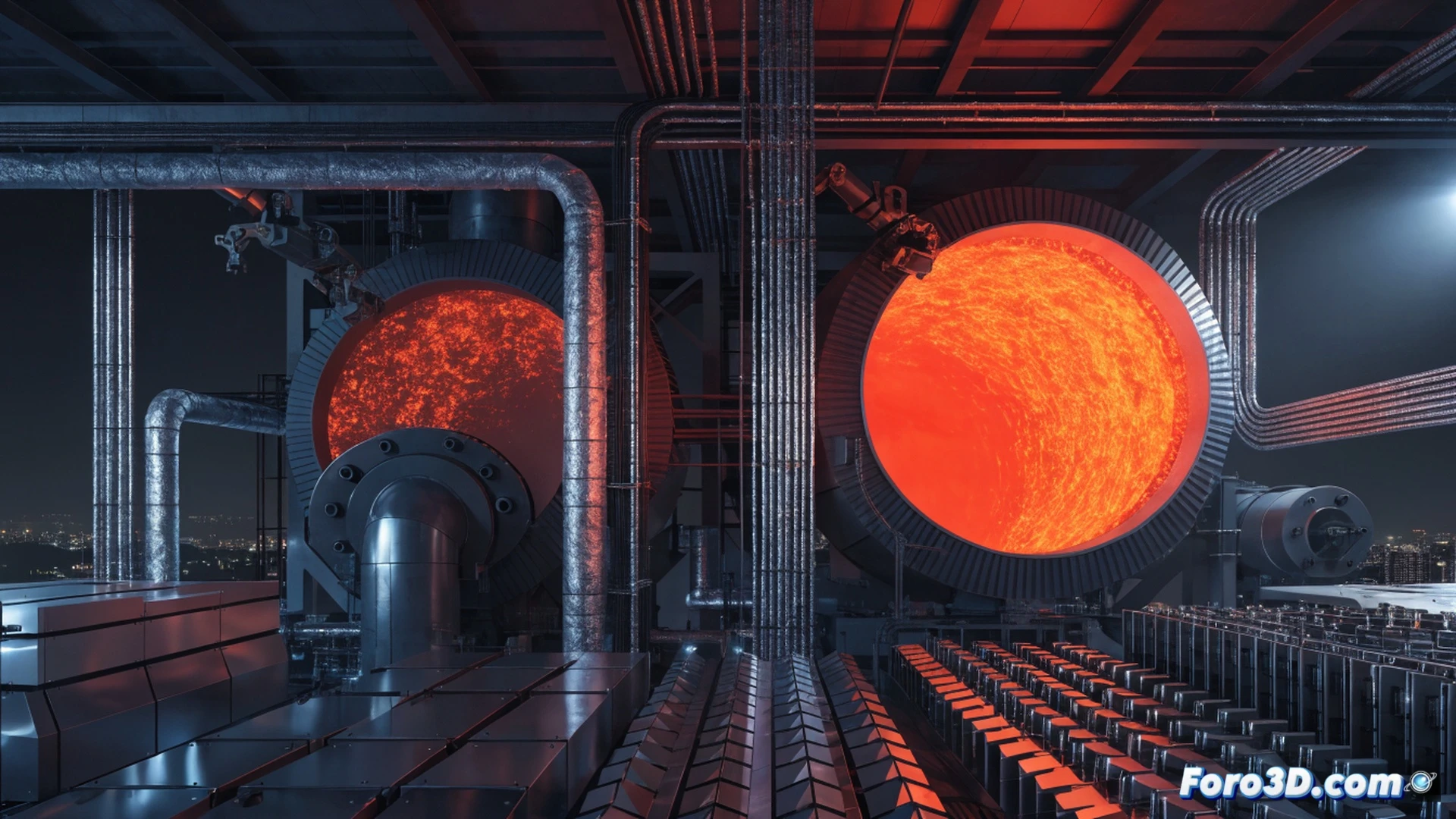 large-scale molten salt thermal storage system in a concentrated solar power plant, night scene, two massive insulated tanks glowing with residual heat, valves and pipes connecting to a steam turbine, molten salt flowing through a heat exchanger at 500°C, steam rising from turbine blades, control panel with engineers monitoring process on screens, action of energy release during nighttime operation, cinematic photorealistic engineering visualization, dramatic blue and orange industrial lighting, metallic surfaces with subtle heat distortion, ultra-detailed piping and structural steel, technical illustration style