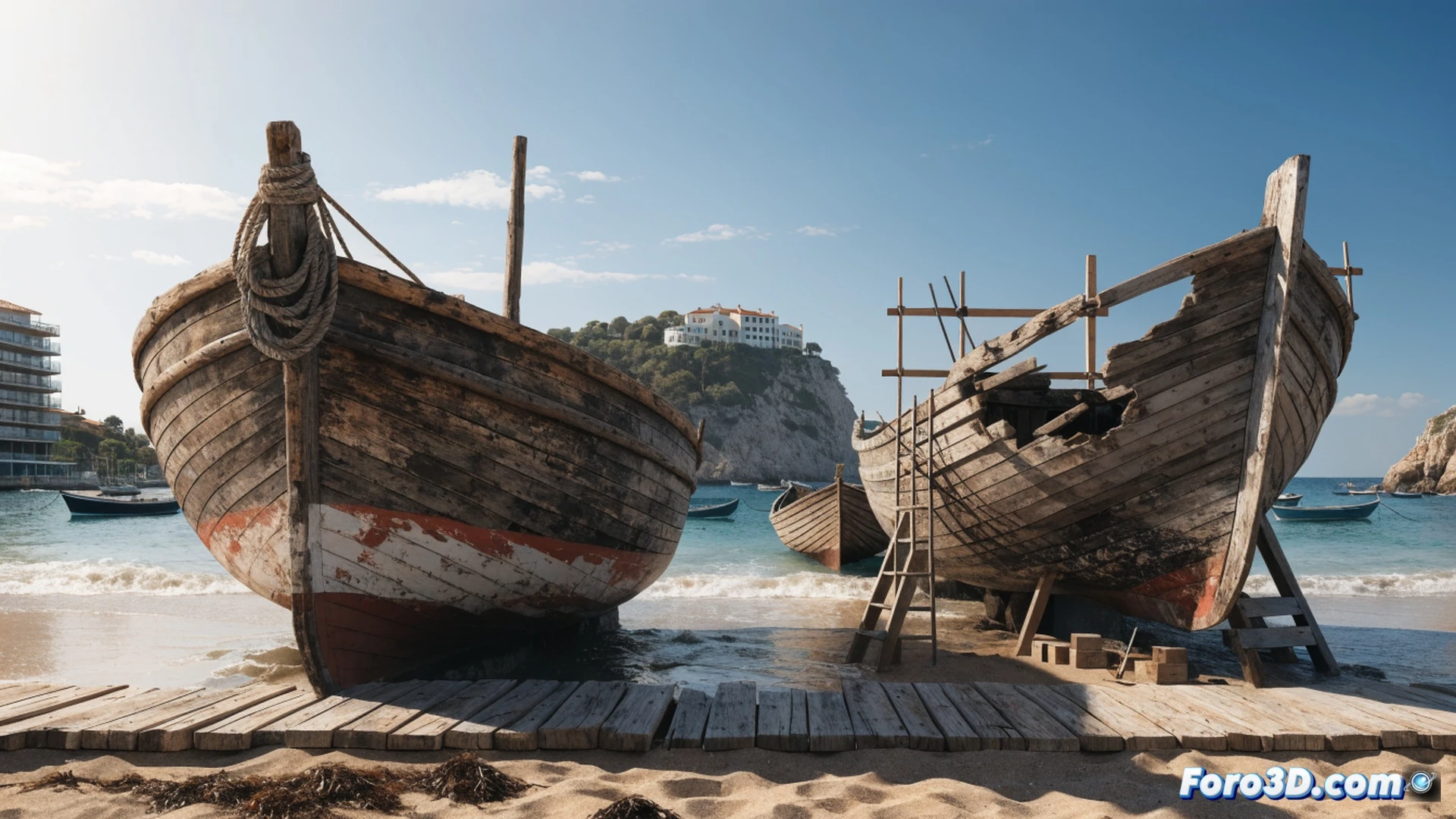 Restauradores marítimos lijando y aplicando pintura tradicional sobre grietas de madera en barcas históricas varadas en la playa de Llevant, herramientas de carpintería naval sobre la arena, pinceles y espátulas junto a botes de barniz, humedad visible en las vetas de la madera mientras el sol costero ilumina el proceso de reparación, técnica de restauración con brochas de cerdas naturales, fondo de mar azul y turistas observando, estilo cinematográfico hiperrealista con textura de madera envejecida, iluminación natural de atardecer mediterráneo, detalles de astillado y curado de superficies