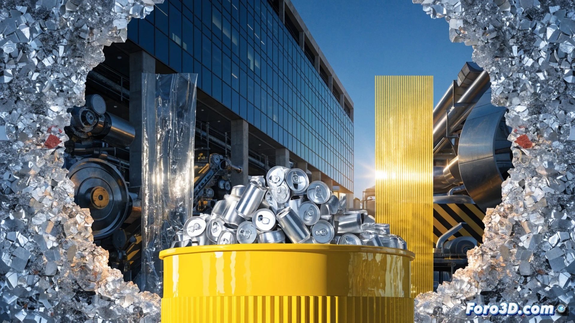 Photorealistic scene of a sunny Santander beach promenade, a person dropping an empty aluminum drink can into a bright yellow recycling bin, while a second person holds a fresh canned beverage nearby, city skyline and ocean visible in background, clean streets, summer atmosphere, action of recycling demonstrated, bright sunlight casting sharp shadows, high detail on can textures and bin surface, technical illustration style with clear environmental context, vivid colors, realistic urban landscape, no text or labels in image.