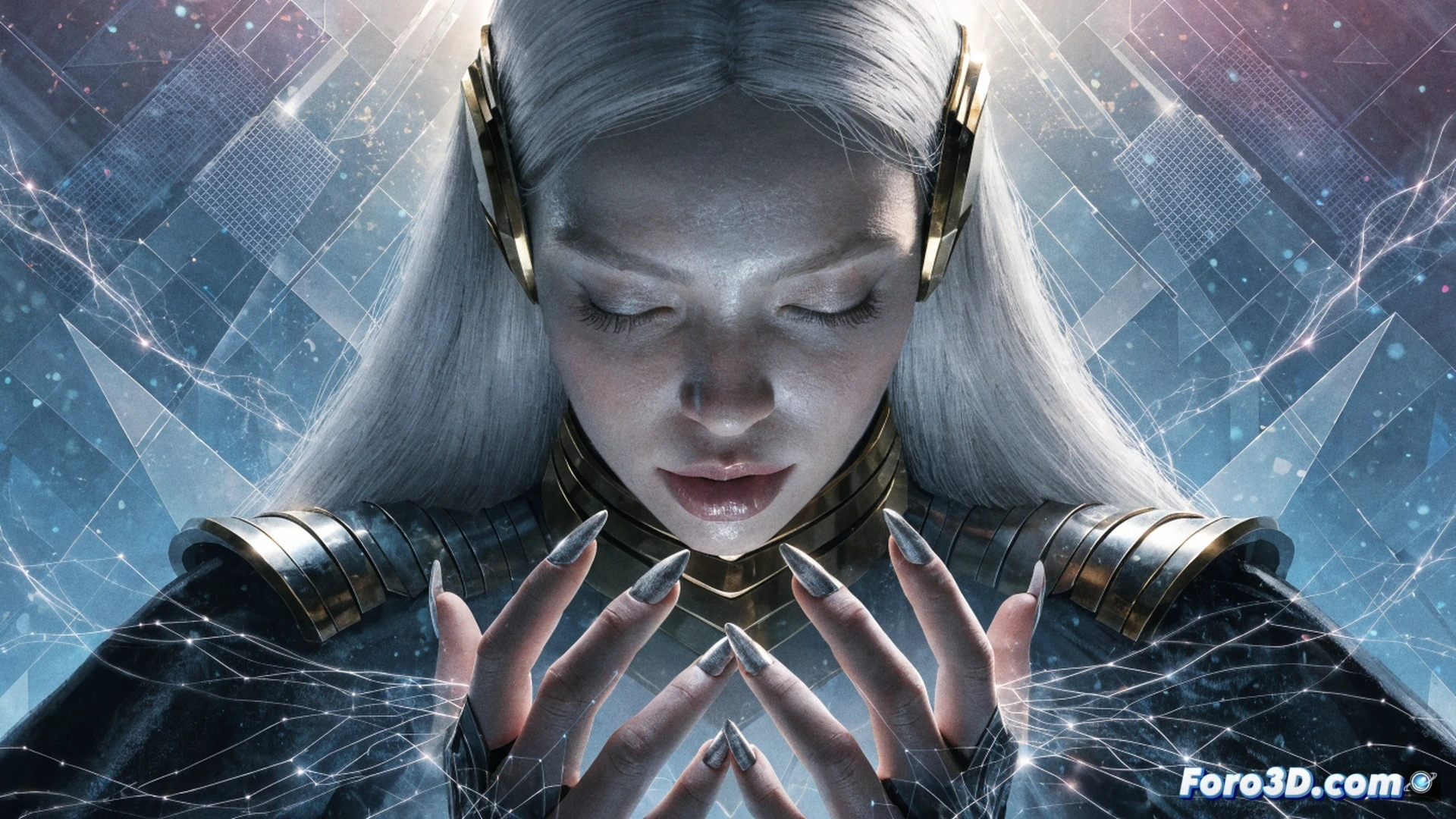 Saturn Girl levitating in a ruined Legion headquarters, blue telepathic energy waves radiating from her temples, holographic data fragments of erased timelines dissolving around her, cracked titanium walls reflecting her fading silhouette, cinematic sci-fi visualization, deep space lighting with Titan moon glow, dust particles suspended in zero-g, her red costume torn but glowing, photorealistic technical render, dramatic shadows, energy arcs connecting her mind to broken communication arrays, showing the loss of her telepathic legacy