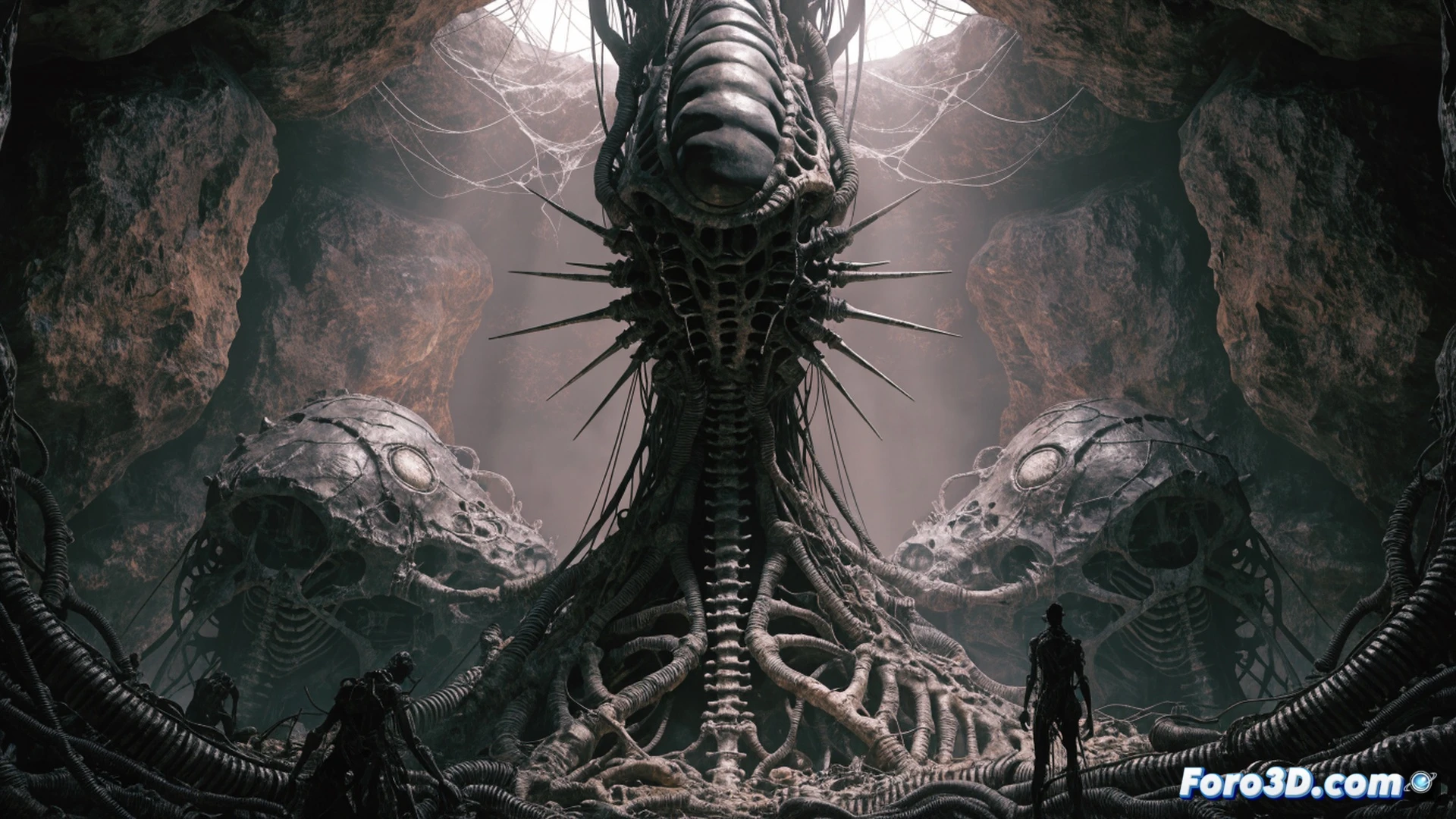 biomechanical horror scene showing a humanoid figure fused with a living metal chair, organic tubes pumping viscous fluid into exposed ribcage machinery, a skeletal hand gripping a fleshy gun with bone trigger, walls made of ribbed flesh and industrial pistons pulsating, visceral red and black color palette, cinematic photorealistic style, H.R. Giger inspired textures, wet organic surfaces reflecting dim green light, tendons stretching during motion, bone gears grinding inside a half-open torso, ultra-detailed biomechanical engineering visualization, dramatic chiaroscuro lighting, raw meat and rusted metal textures