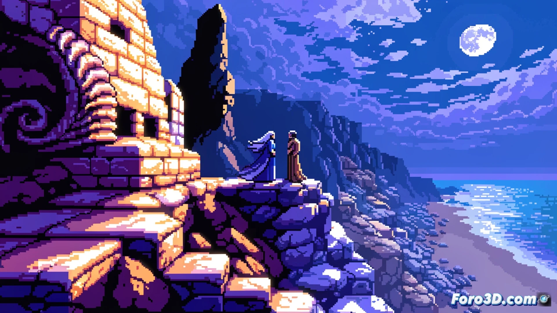Sabotage Studio developer working in Unity editor, 16-bit pixel art forest scene with dynamic real-time lighting, sun casting shifting shadows across tilemap while sprites cast moving shadows on ground, moonlight replacing sunlight during day-night cycle, code editor visible with C# scripts for lighting system, pixel art character mid-jump with shadow stretching beneath, technical illustration style, warm golden sunset light transitioning to cool blue night, engine debug overlay showing real-time lighting calculations, retro pixel aesthetic mixed with modern rendering techniques