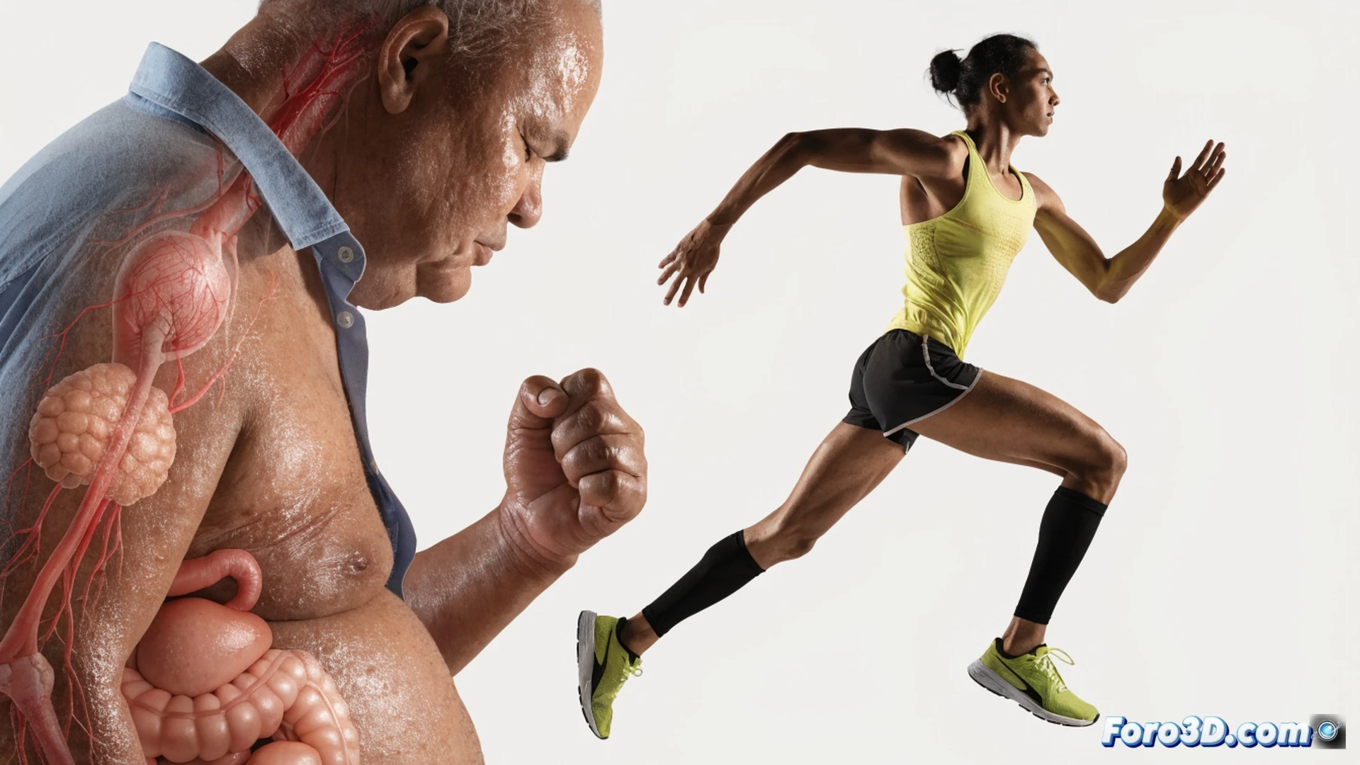 human silhouette split into two halves, left side showing a fit active person jogging on a treadmill with heart rate monitor glowing green, right side showing an overweight person sitting on a couch eating fast food while a red warning pulse surrounds the chest area, both halves connected by a central anatomical spine with inflamed joints and arterial plaque buildup visible, medical holographic overlays showing cardiovascular stress and glucose spikes, technical illustration style, photorealistic medical visualization, dramatic clinical lighting, dark sterile background, anatomical accuracy, high contrast between healthy and unhealthy tissue textures