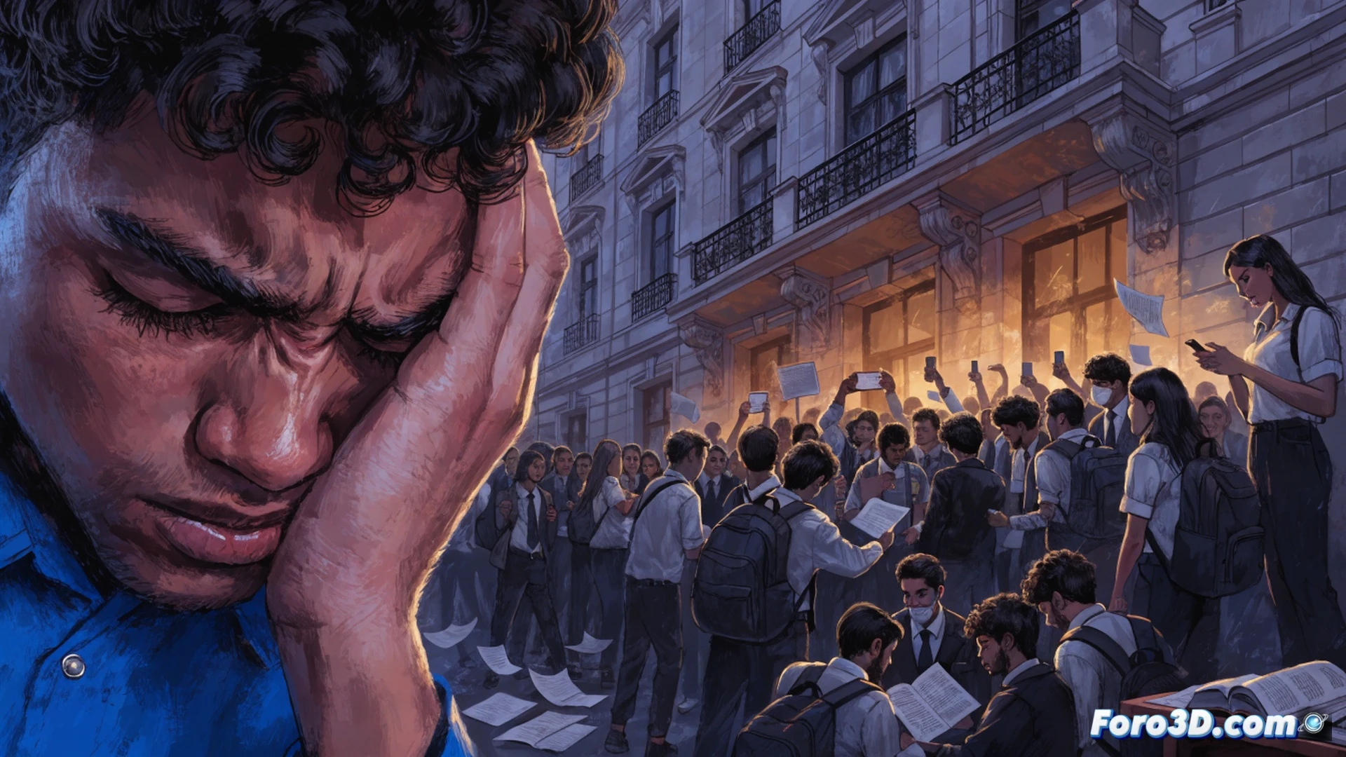 photorealistic scene of a stressed student at a desk during a math exam, hands gripping head in frustration, calculator with tangled wires nearby, a clock showing limited time, scattered crumpled papers with complex calculus formulas, intense overhead fluorescent lighting, sweat on forehead, dramatic shadows, cinematic composition, technical illustration style, exam room atmosphere, ultra-detailed facial expression, realistic paper textures, muted blue-gray tones, high contrast