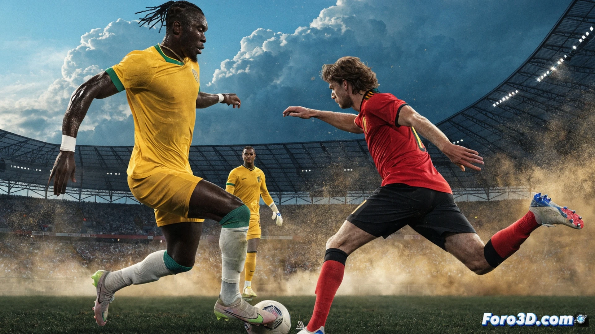 African football team in red jerseys celebrating a goal against European team in red jerseys, stadium floodlights illuminating the pitch, dramatic moment during a decisive World Cup match, sweat and motion visible on players faces, tactical formation shown through player positioning, cinematic sports photography style, dynamic action shot with ball mid-air, intense competitive atmosphere, photorealistic sports render, high contrast lighting, shallow depth of field focusing on striker kicking ball, blurred crowd background, evening match under bright stadium lights, ultra-detailed player expressions and kit textures