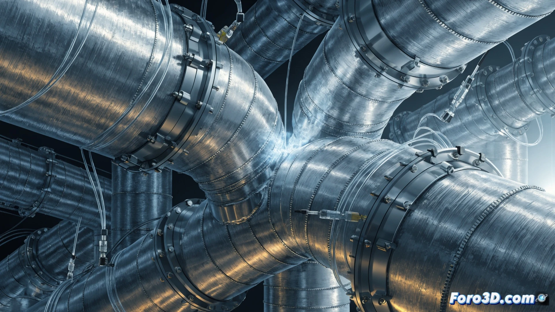 photorealistic technical illustration of a hydrogen pipeline cross-section, fiber optic cable wrapped around a leaking pipe joint, hydrogen molecules in bright blue glowing streams escaping from a microscopic crack, optical fibre core emitting a visible light pulse where refraction changes upon H2 contact, sensor data visualized as a glowing millimeter-scale location marker on a digital monitor beside the pipe, industrial setting with metallic surfaces and safety valves, dramatic dark background with concentrated beam lighting, ultra-detailed cable strands and molecular interaction, cinematic engineering visualization
