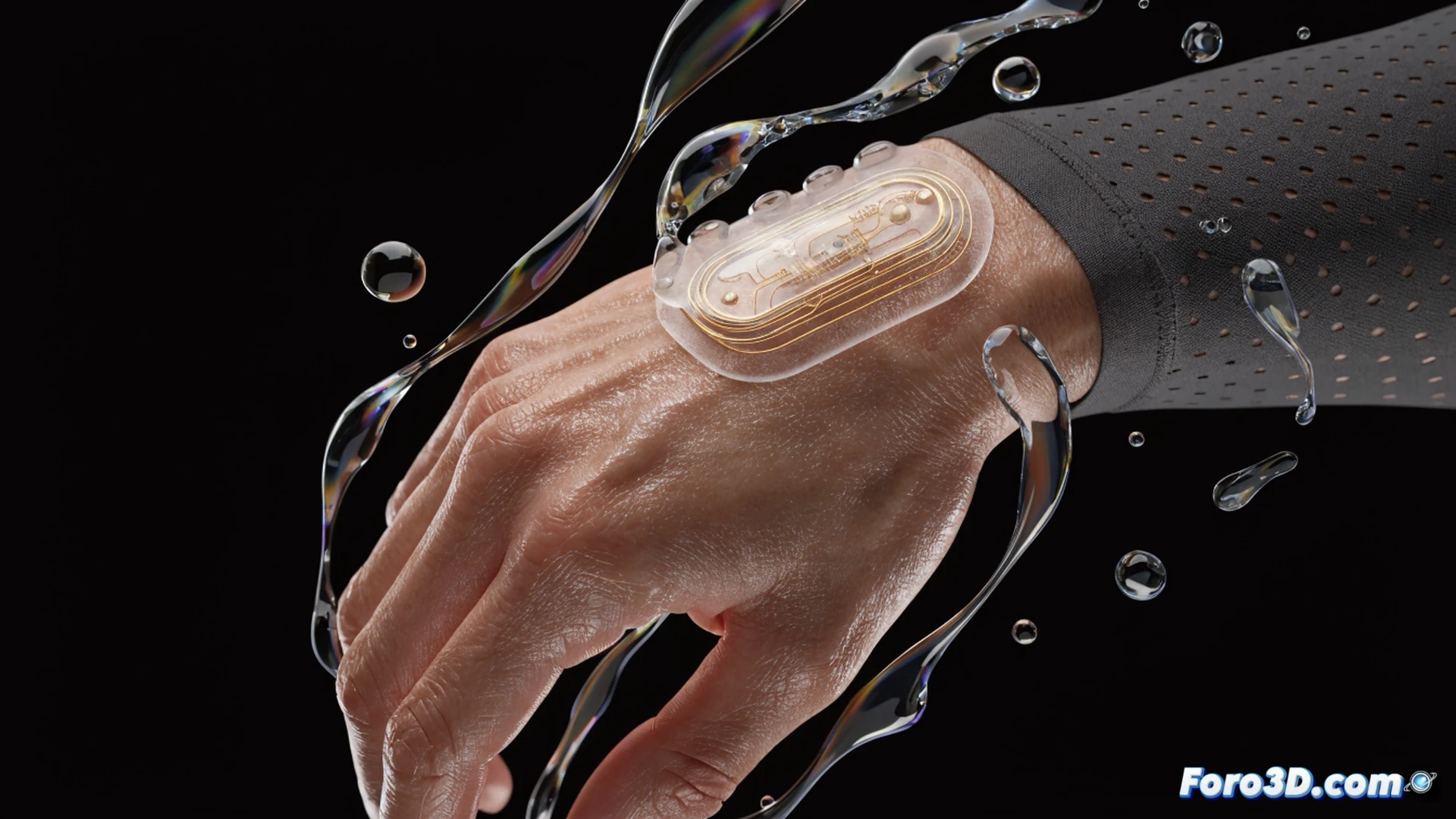 athlete wrist with transparent adhesive patch displaying real-time lactate data, sweat droplets being absorbed by microfluidic channels, glowing biosensor array under the patch, dynamic line chart projected above the skin showing fluctuating lactate levels during sprinting motion, no needles or blood visible, cinematic engineering visualization, photorealistic skin texture, blue and orange color-coded sensor readouts, sweat particles illuminated with backlight, motion blur from arm swinging, ultra-detailed flexible circuit board inside the patch, dramatic athletic lighting, technical illustration style