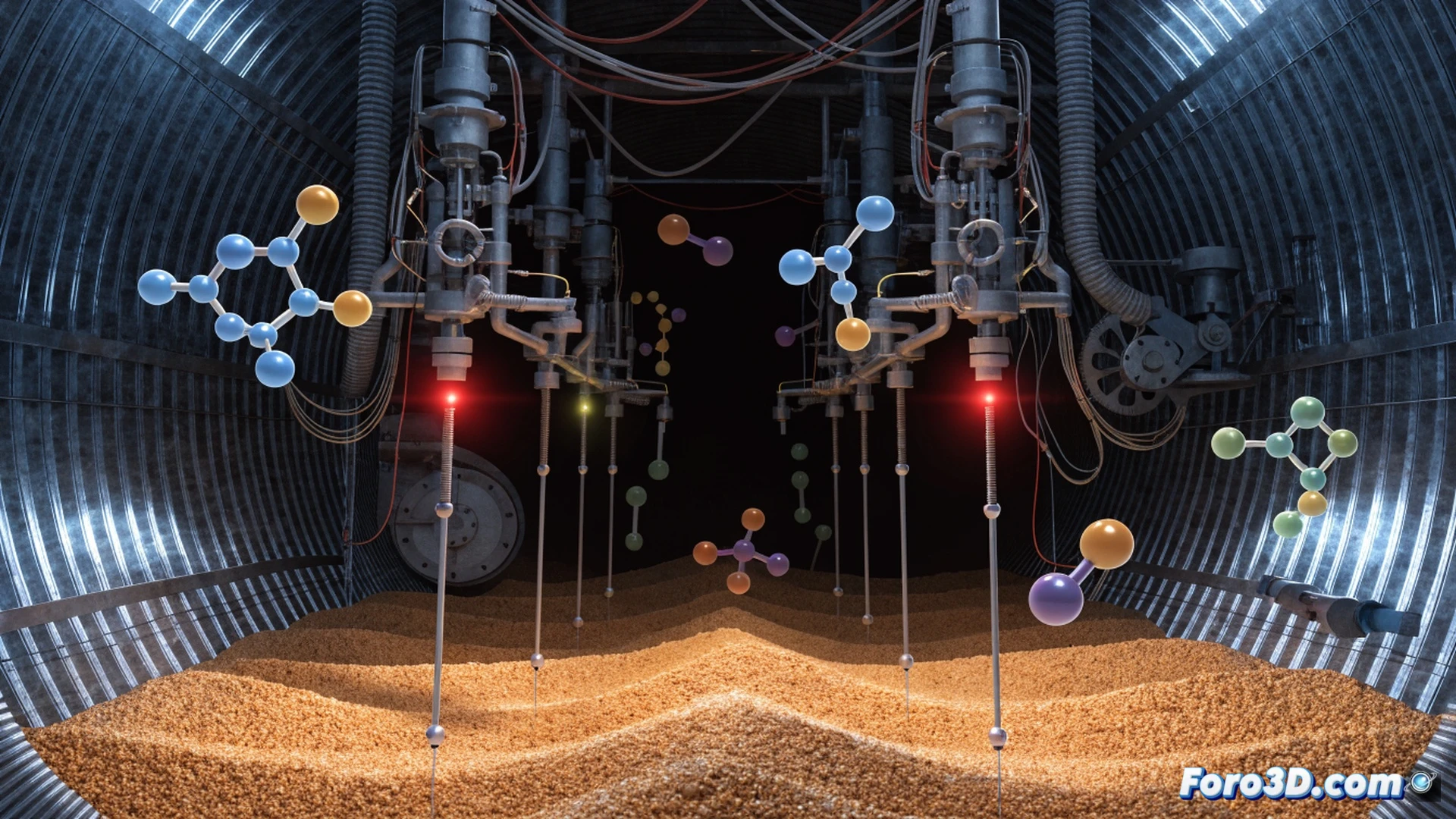 silo interior con granos de maíz apilados, sensor electroquímico inalámbrico insertado entre los granos, pantalla LED mostrando gráfico de concentración de micotoxinas en aumento, partículas microscópicas de hongo fluoresciendo en rojo mientras el sensor las detecta, ingeniero observando datos en tablet industrial, tuberías de ventilación en segundo plano, estilo photorealistic technical visualization, iluminación tenue con focos de emergencia, textura de grano y polvo visible, cables del sensor conectados a módulo de transmisión, ambiente de almacenamiento agrícola, profundidad de campo cinematográfica