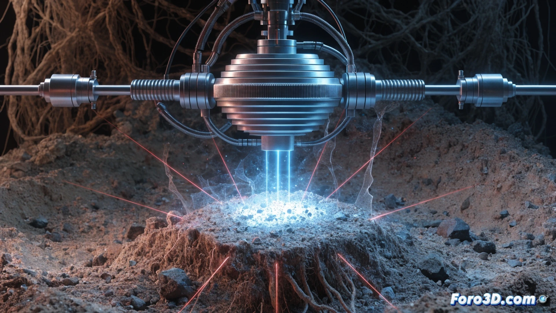agricultural field scene, handheld laser sensor device emitting a focused beam onto soil surface, real-time spectral analysis display showing pollutant concentration peaks, glowing holographic readout of heavy metals and hydrocarbon compounds, portable optical instrument with fiber optic cable connecting to soil probe, farmer holding device while kneeling, soil particles illuminated by laser interaction, cinematic technical illustration, photorealistic textures, dramatic side lighting with blue and amber laser reflections, shallow depth of field focusing on sensor head and soil interaction, engineering visualization style