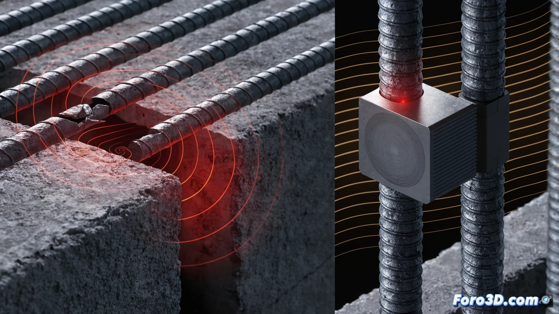 engineering visualization of a concrete bridge cross-section cutaway, showing internal steel rebar with a thin rectangular magnetic sensor adhered directly to the metal surface, a glowing magnetic field distortion lines emanating from a hidden micro-crack in the rebar beneath the sensor, real-time data readout on a tablet held by a gloved engineer inspecting the bridge underside, photorealistic technical illustration, dramatic low-angle industrial lighting, concrete texture with exposed aggregate, metallic reflections on steel rods, sensor with visible circuit traces and adhesive layer, subtle red alert indicator on the tablet screen, ultra-detailed mechanical components