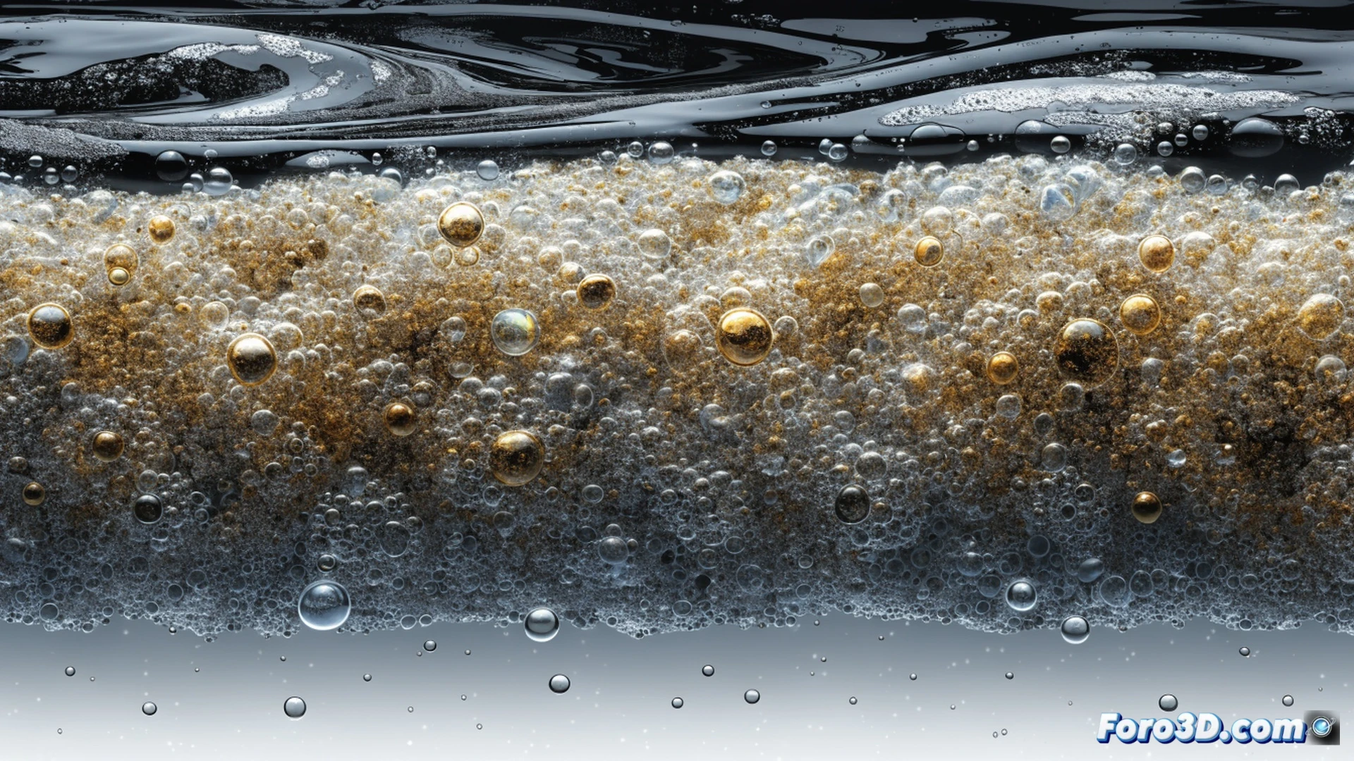 industrial wastewater treatment tank cross-section, microscopic air bubbles being injected through a diffuser at the bottom, oil droplets and grease particles attaching to rising microbubbles, contaminants floating upward forming a foam layer on the surface, skimmer mechanism removing the oil layer, clean water visible below, technical engineering visualization, photorealistic render, blue-tinted water with white bubbles, metallic tank walls, bright overhead industrial lighting, detailed bubble trajectories, realistic fluid dynamics, clean mechanical components