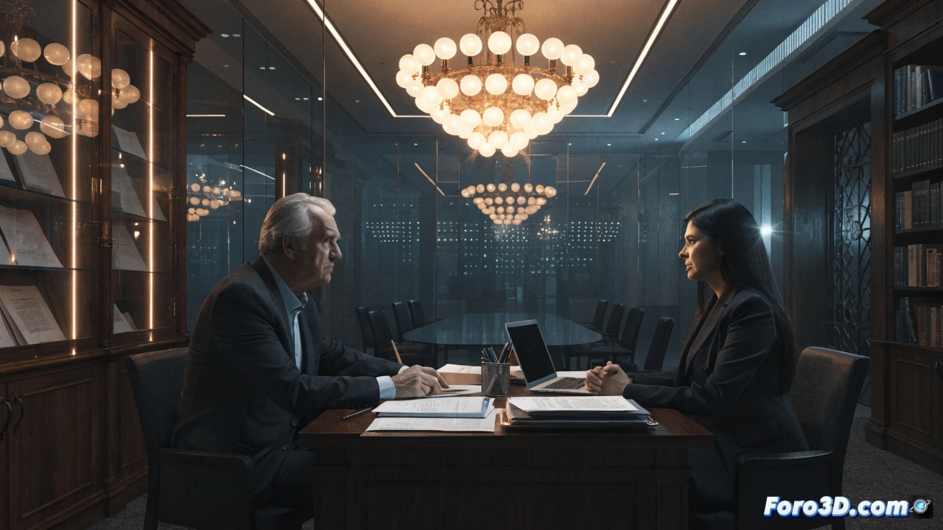 aerospace executive meeting room, polished mahogany table with scattered financial documents and a laptop showing a 475 million euro loan spreadsheet, two men in suits shaking hands while a third points at a calendar marked July 2020, a digital clock on the wall displaying 11:59 PM, faint blue legal files with seal stamps visible in the background, cinematic photorealistic style, sharp focus on handshake and calendar, dramatic shadows from desk lamp, tension in body language, ultra-detailed office interior, realistic skin textures and suit fabric