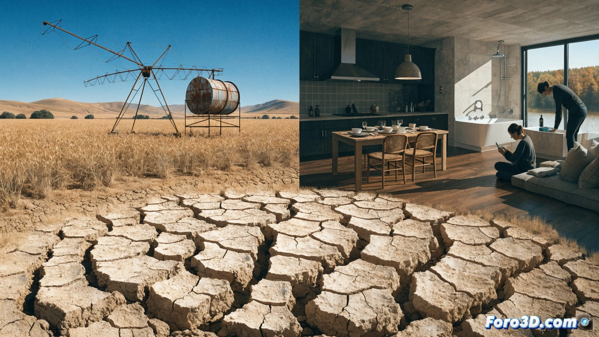 agricultural irrigation pivot spraying water over dry cracked soil in Castilla-La Mancha, while a single household tap drips slowly into a measuring cylinder, contrasting massive water consumption against minimal domestic savings, photorealistic technical illustration, dramatic split composition, industrial water meter showing 80 percent usage, parched farmland stretching to horizon, water droplets catching harsh sunlight, engineering visualization style, ultra-detailed soil texture, metallic irrigation pipes, dry grass blades, cinematic lighting with intense shadows, hyperrealistic environmental documentation