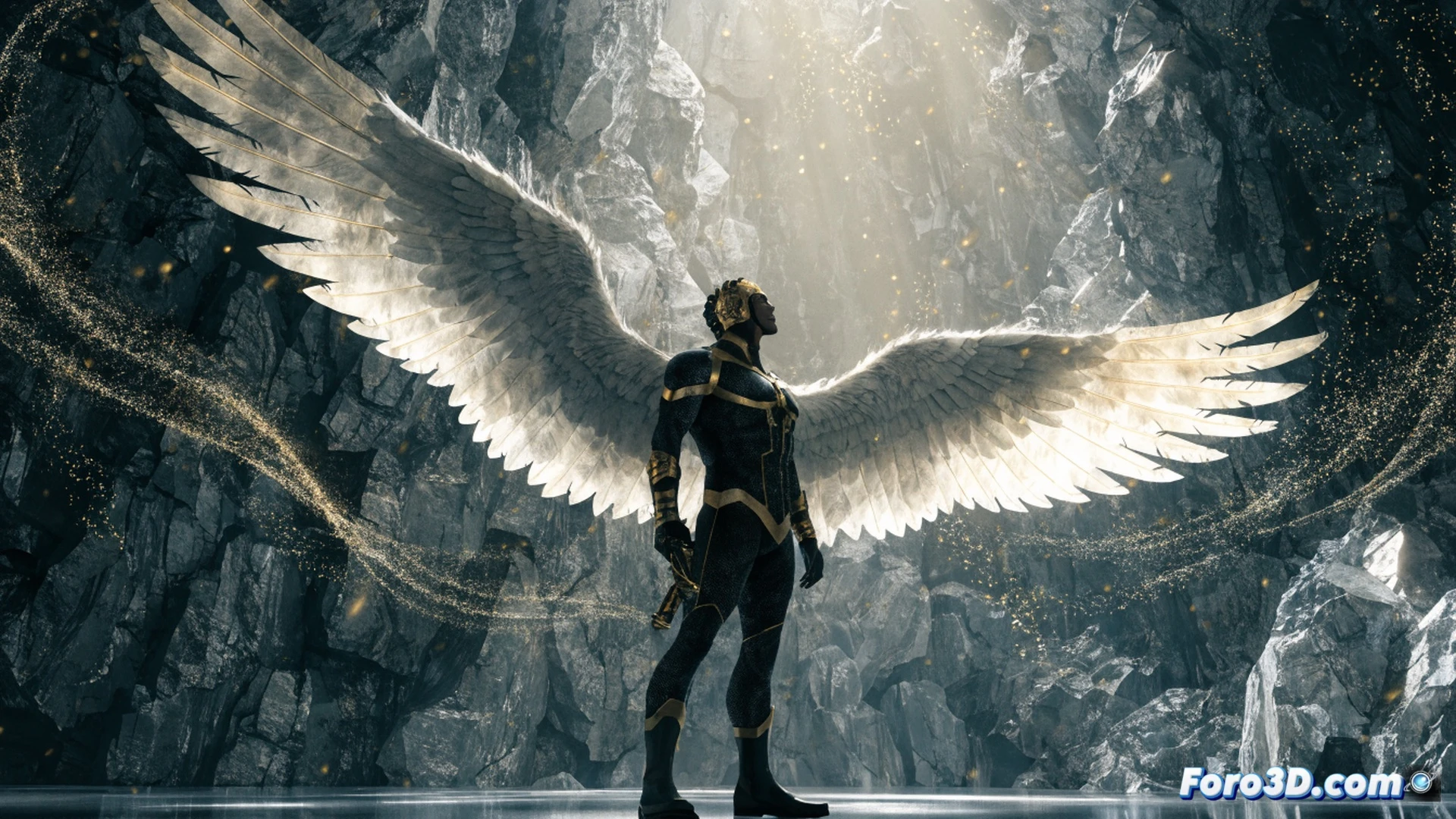 Seraph superhero Chaim Lavon in flight over 1970s Tel Aviv cityscape, golden energy wings fully extended while holding a glowing Star of David shield, cosmic battle against shadowy demonic figures descending from storm clouds, vintage comic book style with halftone dots and faded ink textures, dynamic action pose with cape billowing, dramatic sunset lighting casting long shadows, cinematic composition from low angle, weathered comic panel borders visible at edges, retro color palette of amber and teal, photorealistic render with paper grain texture, technical illustration of superhero anatomy in motion