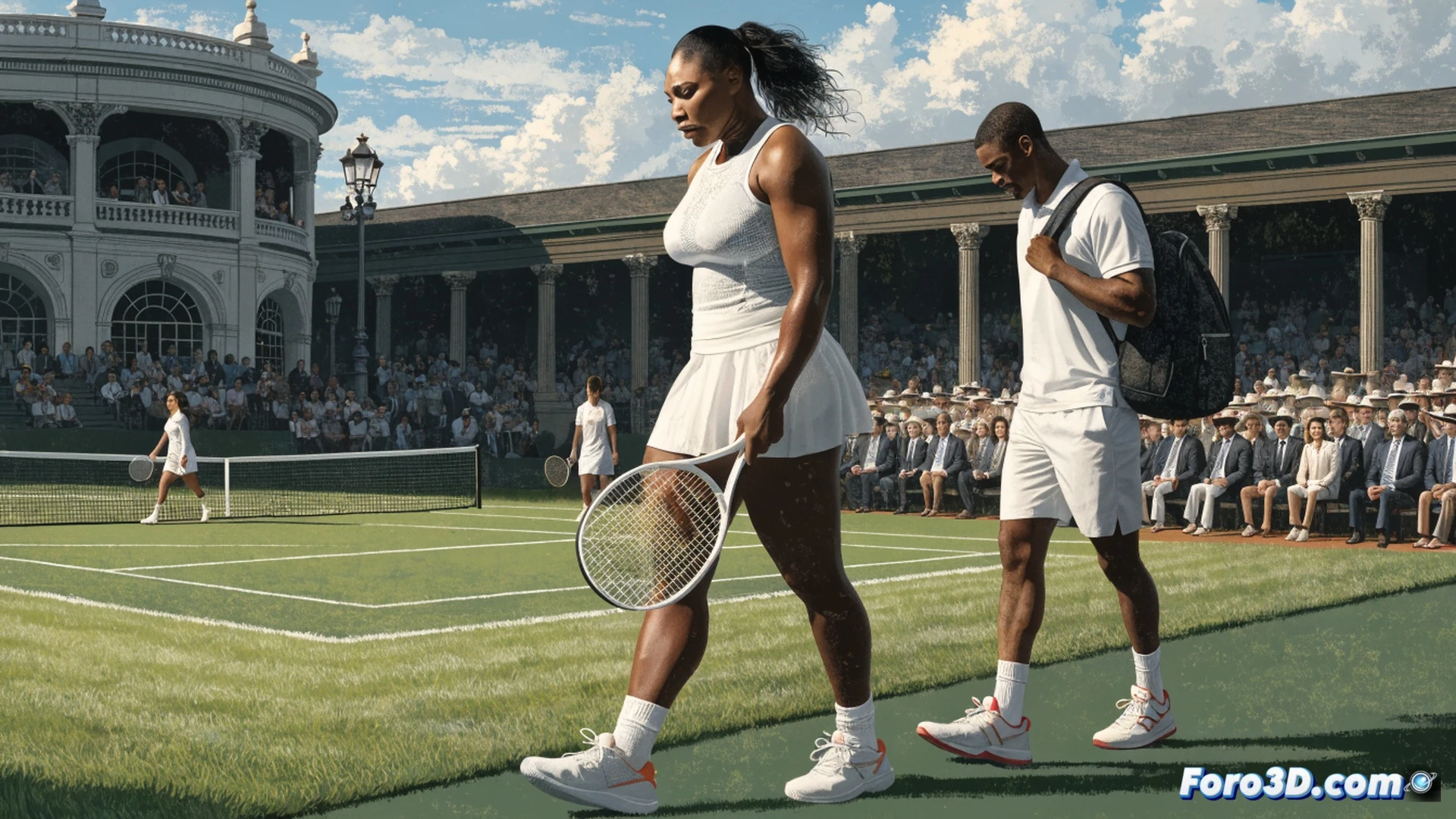 Serena Williams walking away from Wimbledon doubles court, tennis racket resting on her shoulder, empty doubles sideline chair visible, grass court lines fading into soft focus, crowd in background looking disappointed, dramatic overcast sky, cinematic sports photography style, motion blur on her ponytail and dress, golden afternoon light hitting the net, photorealistic detail on racket strings and court texture, emotional farewell atmosphere, low angle shot emphasizing solitude