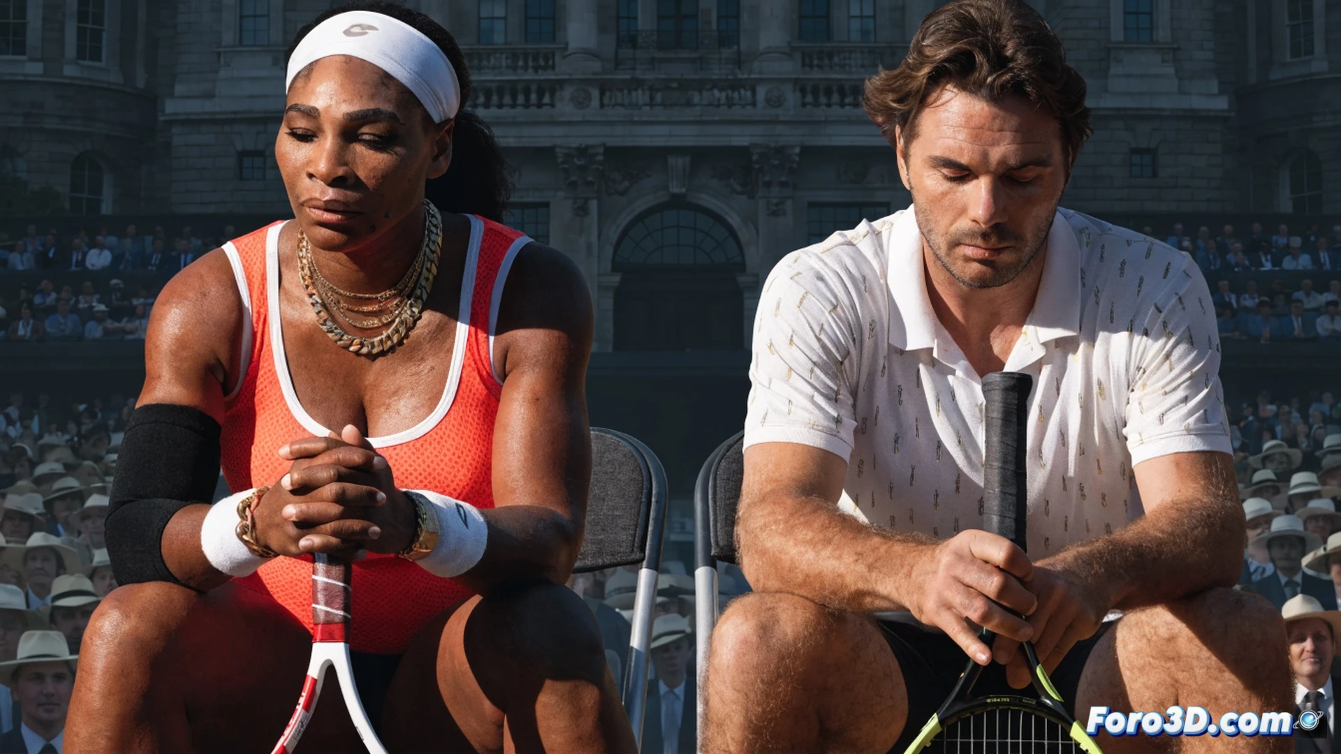 tennis court at dusk, Serena Williams mid-swing on grass while Stan Wawrinka watches from baseline, racket strings vibrating during impact with neon-lit ball, worn grip tape visible on handles, high-speed camera motion blur capturing sweat droplets and grass particles flying, photorealistic cinematic illustration, dramatic floodlight shadows across clay lines, net tension cables glinting, both players in dark athletic wear, legacy fading into blurred background silhouettes of younger opponents, ultra-detailed fabric texture, emotional farewell atmosphere