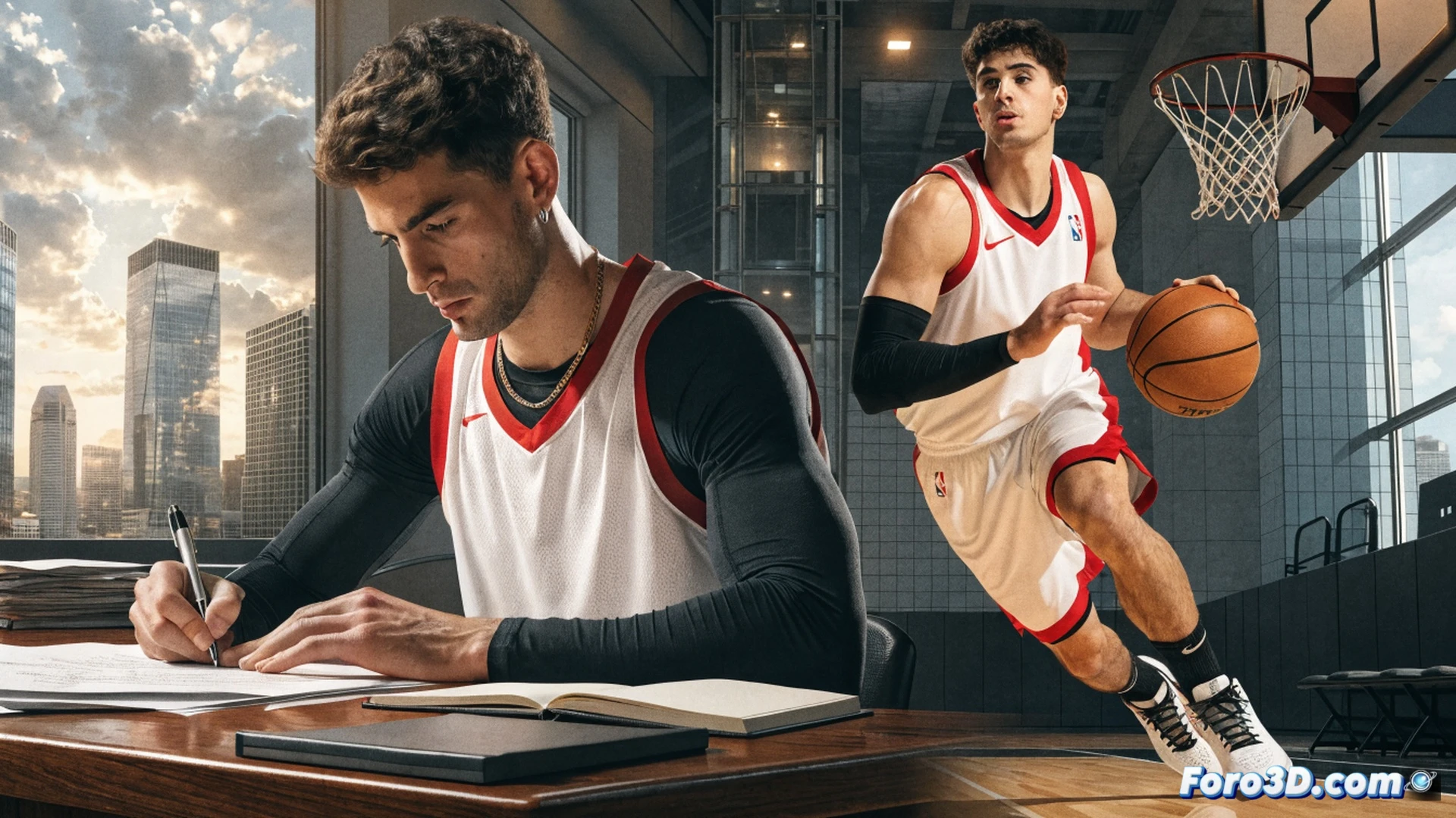 young Spanish basketball player Sergio de Larrea dribbling past an NBA defender during a fast break, arena lights reflecting off polished hardwood court, sweat droplets suspended mid-air as he drives toward the hoop, motion blur on background spectators, cinematic sports photography style, deep shadows under the basket, high-contrast lighting highlighting his jersey number, photorealistic technical render